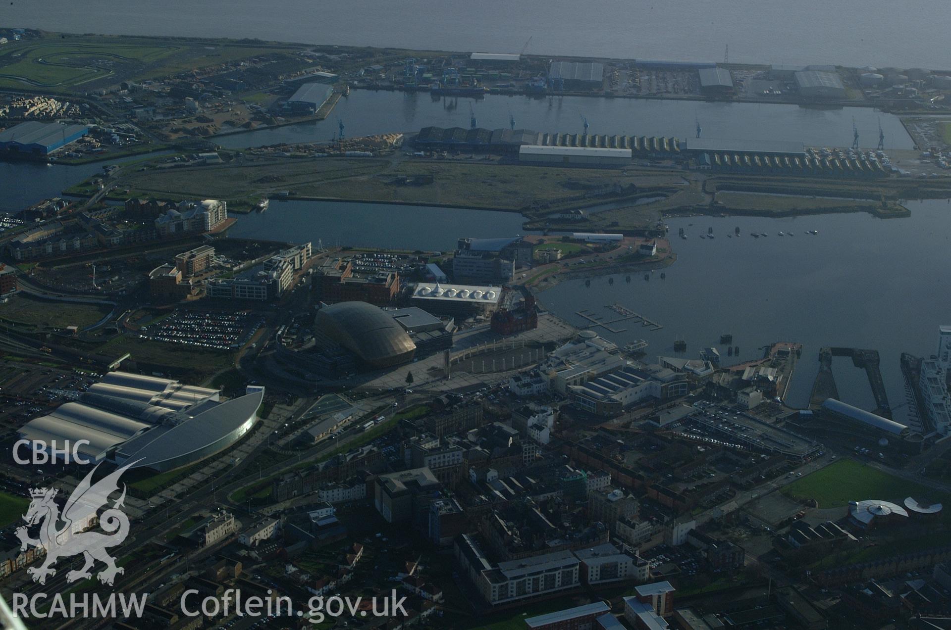 RCAHMW colour oblique aerial photograph of the Wales Millennium Centre taken on 13/01/2005 by Toby Driver