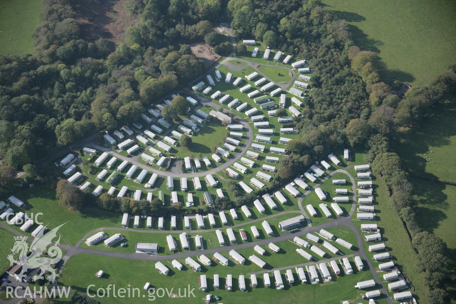 RCAHMW colour oblique aerial photograph of Ynysmaengwyn Garden, Bryn-Crug, showing caravans. Taken on 17 October 2005 by Toby Driver