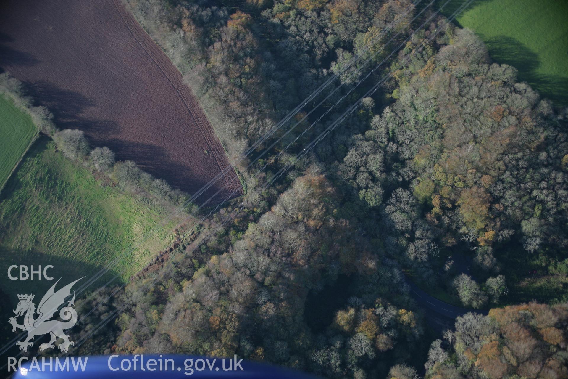 RCAHMW colour oblique aerial photograph of Bowett Wood Camp from the north-east. Taken on 19 November 2005 by Toby Driver