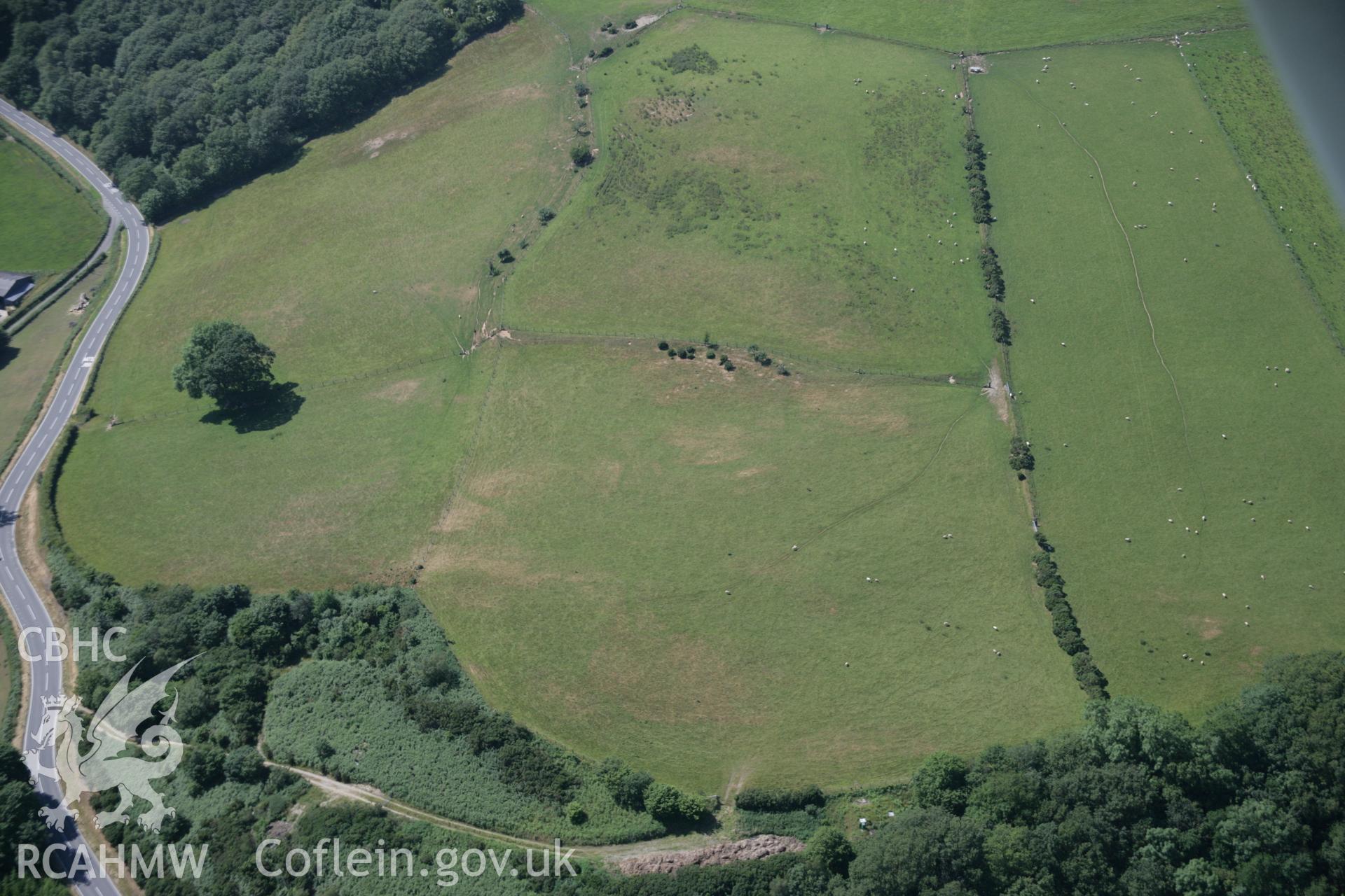 RCAHMW colour oblique aerial photograph of Bettws Plantation with the cropmark of a defended enclosure viewed from the south-east.. Taken on 23 June 2005 by Toby Driver