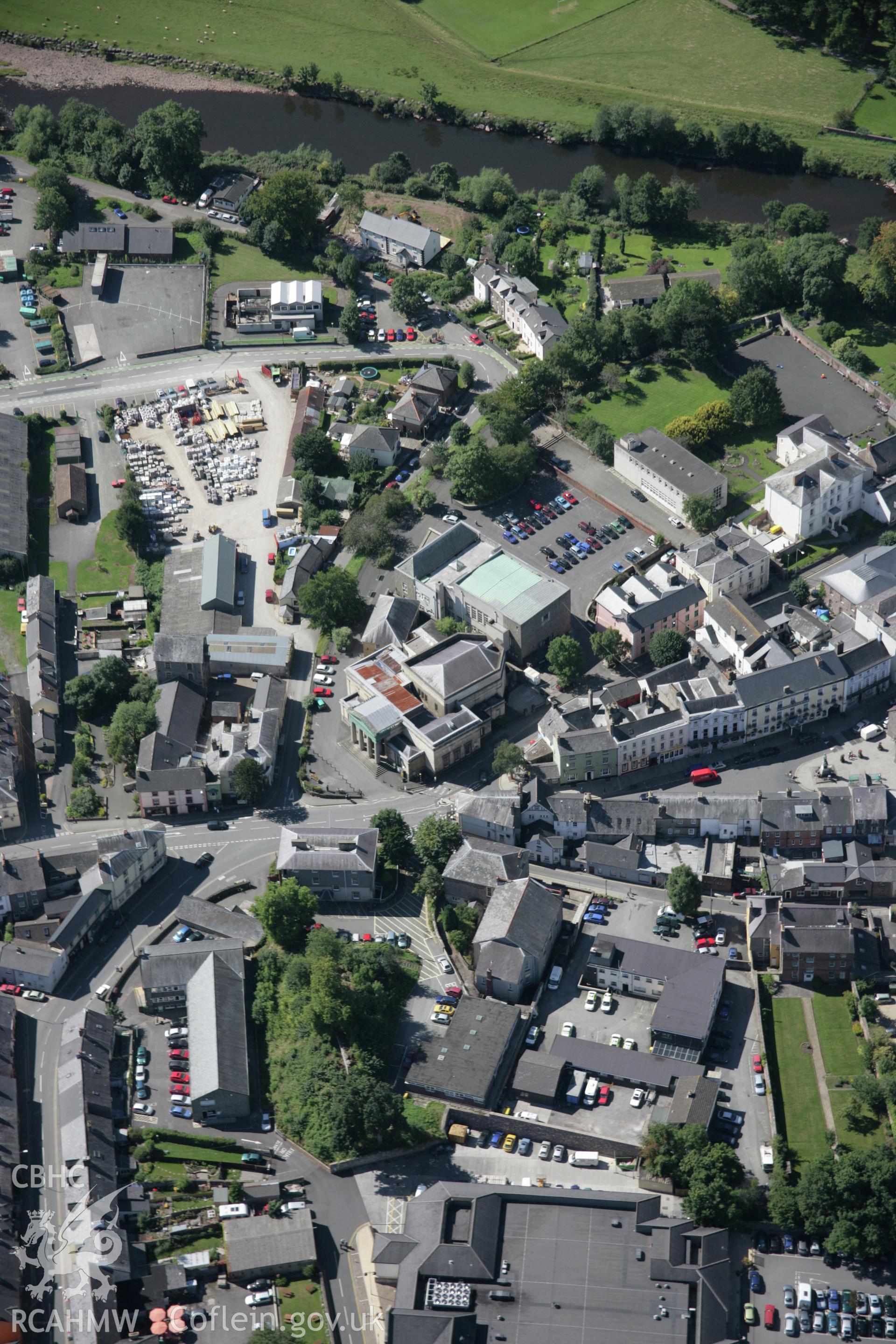 RCAHMW colour oblique aerial photograph of the Brecon town wall in Watton Mount Pleasure Grounds, with the nearby museum. Viewed from the north-east. Taken on 02 September 2005 by Toby Driver