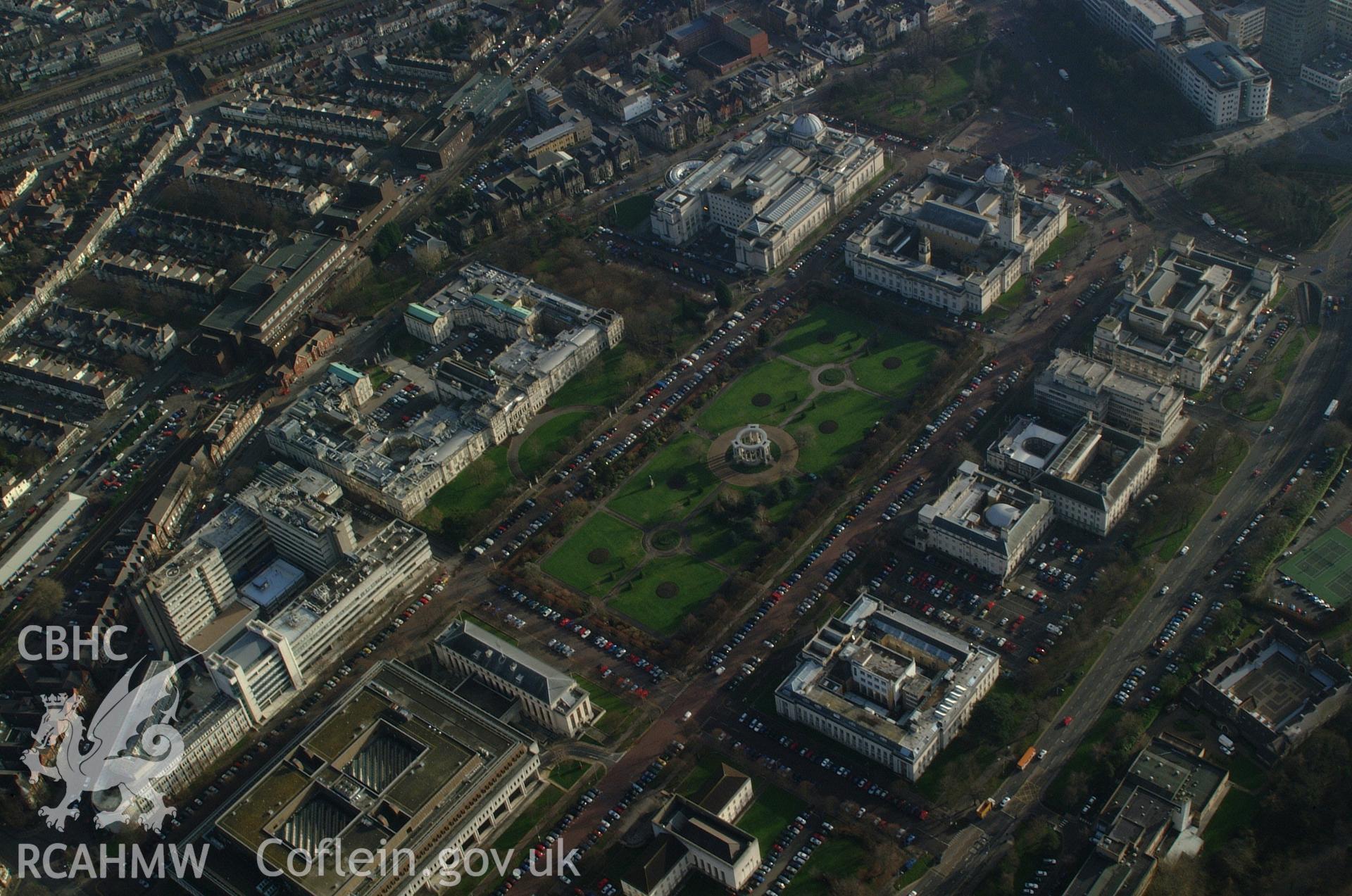 RCAHMW colour oblique aerial photograph of Cathays Park, Cardiff taken on 13/01/2005 by Toby Driver