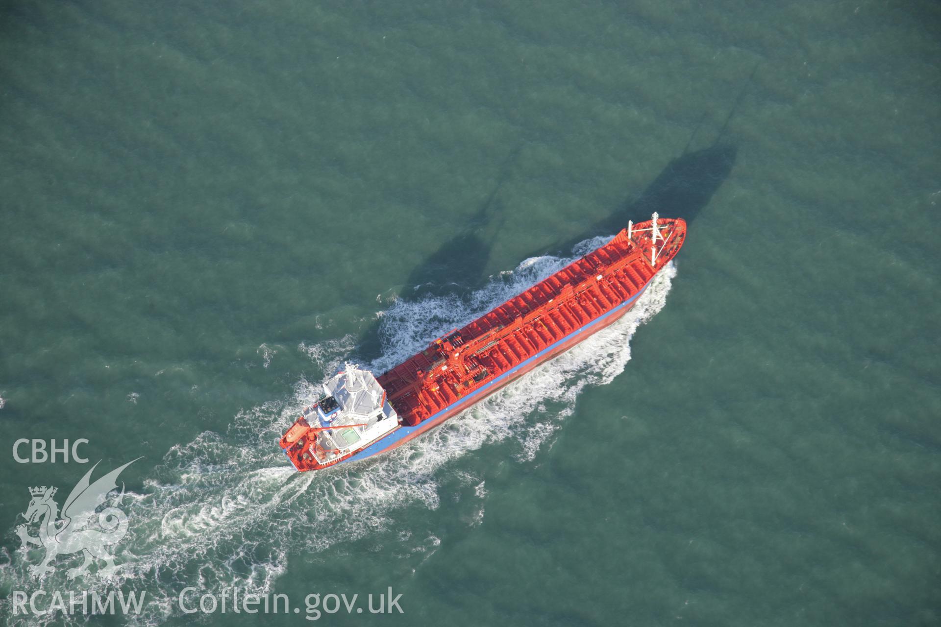 RCAHMW colour oblique aerial photograph of Milford Haven Waterway, showing tanker entering the mouth of Haven to the south-east of St Ann's Head. Taken on 19 November 2005 by Toby Driver