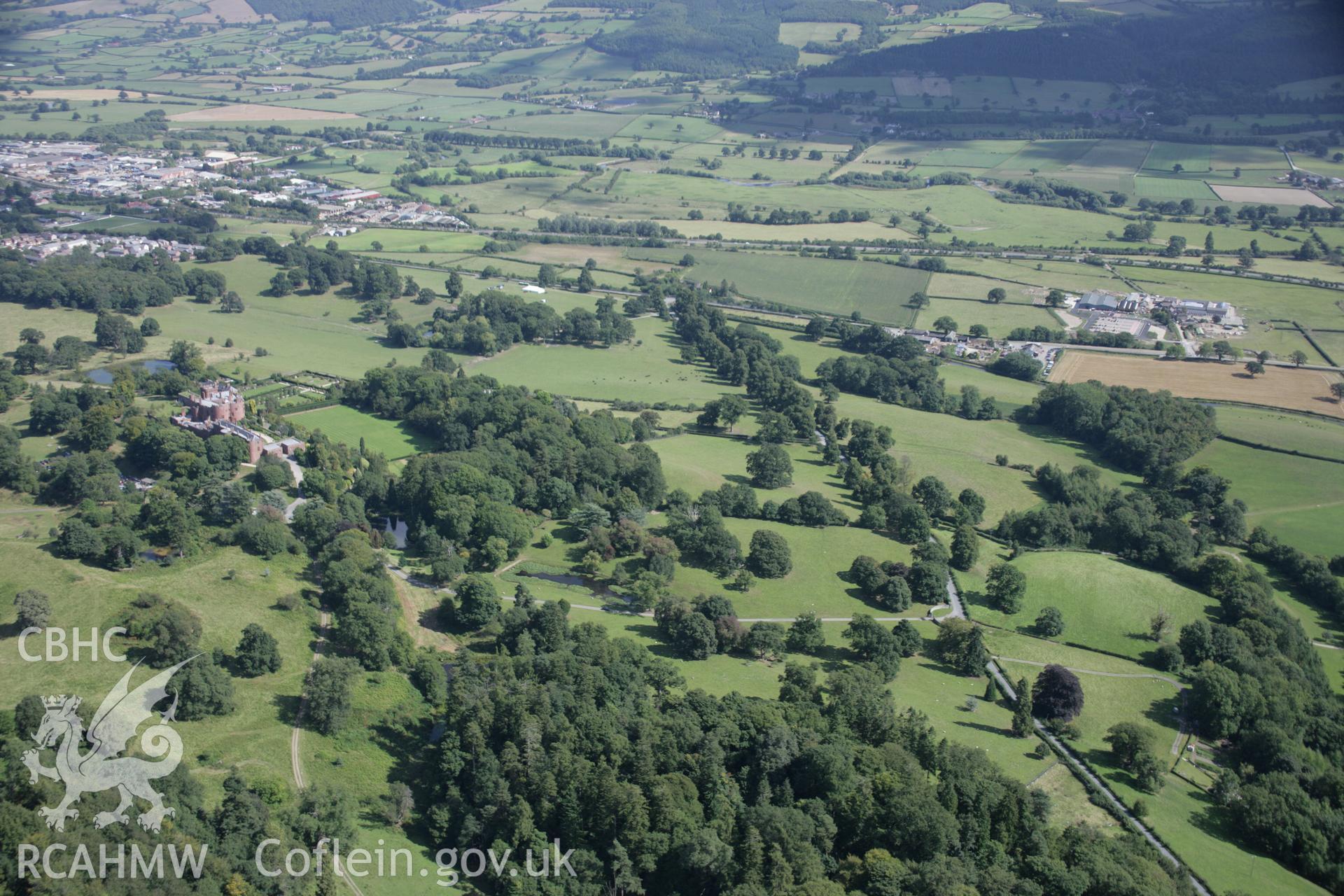 RCAHMW colour oblique aerial photograph of Powis Castle Park and Gardens, Welshpool, from the west. Taken on 02 September 2005 by Toby Driver