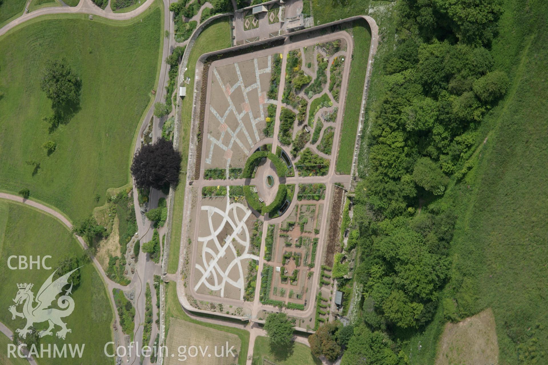 RCAHMW colour oblique aerial photograph of Middleton Hall Park, now the National Botanic Garden of Wales, showing walled garden viewed from the north-west. Taken on 09 June 2005 by Toby Driver