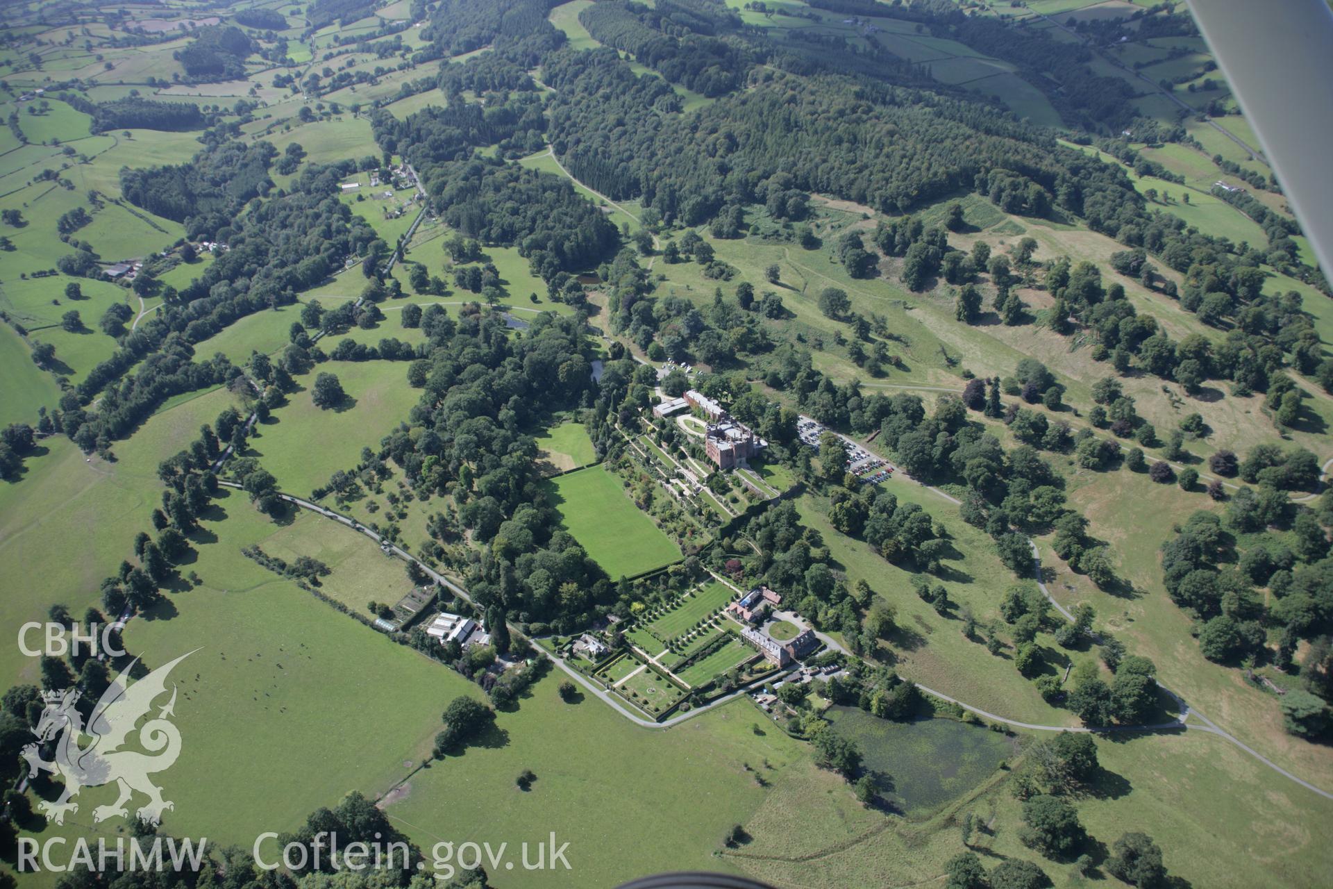 RCAHMW colour oblique aerial photograph of Powis Castle Park and Gardens, Welshpool, from the north-east. Taken on 02 September 2005 by Toby Driver