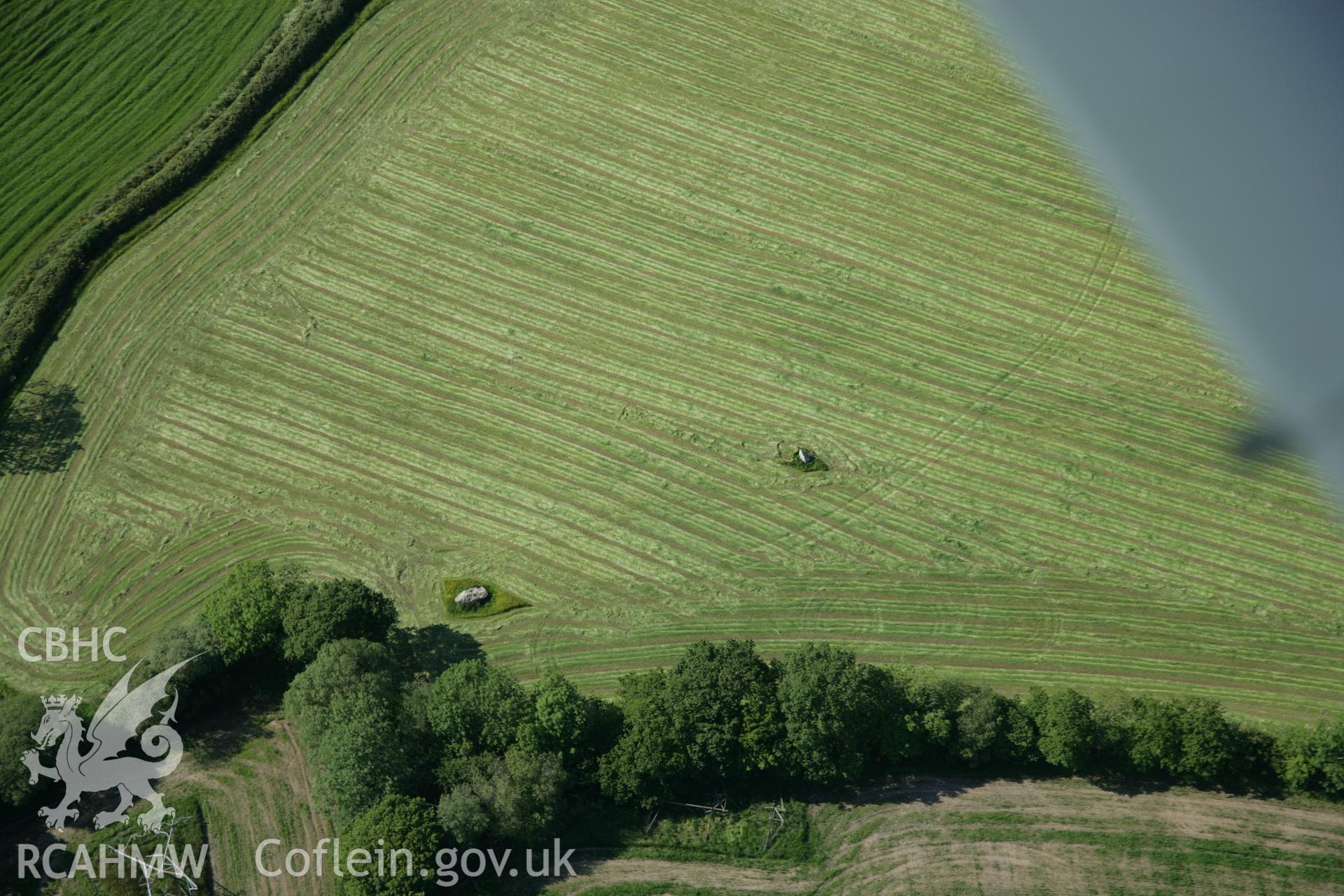 RCAHMW colour oblique aerial photograph of Meinillwydion Standing Stone Pair, Llangynog. Taken on 09 June 2005 by Toby Driver