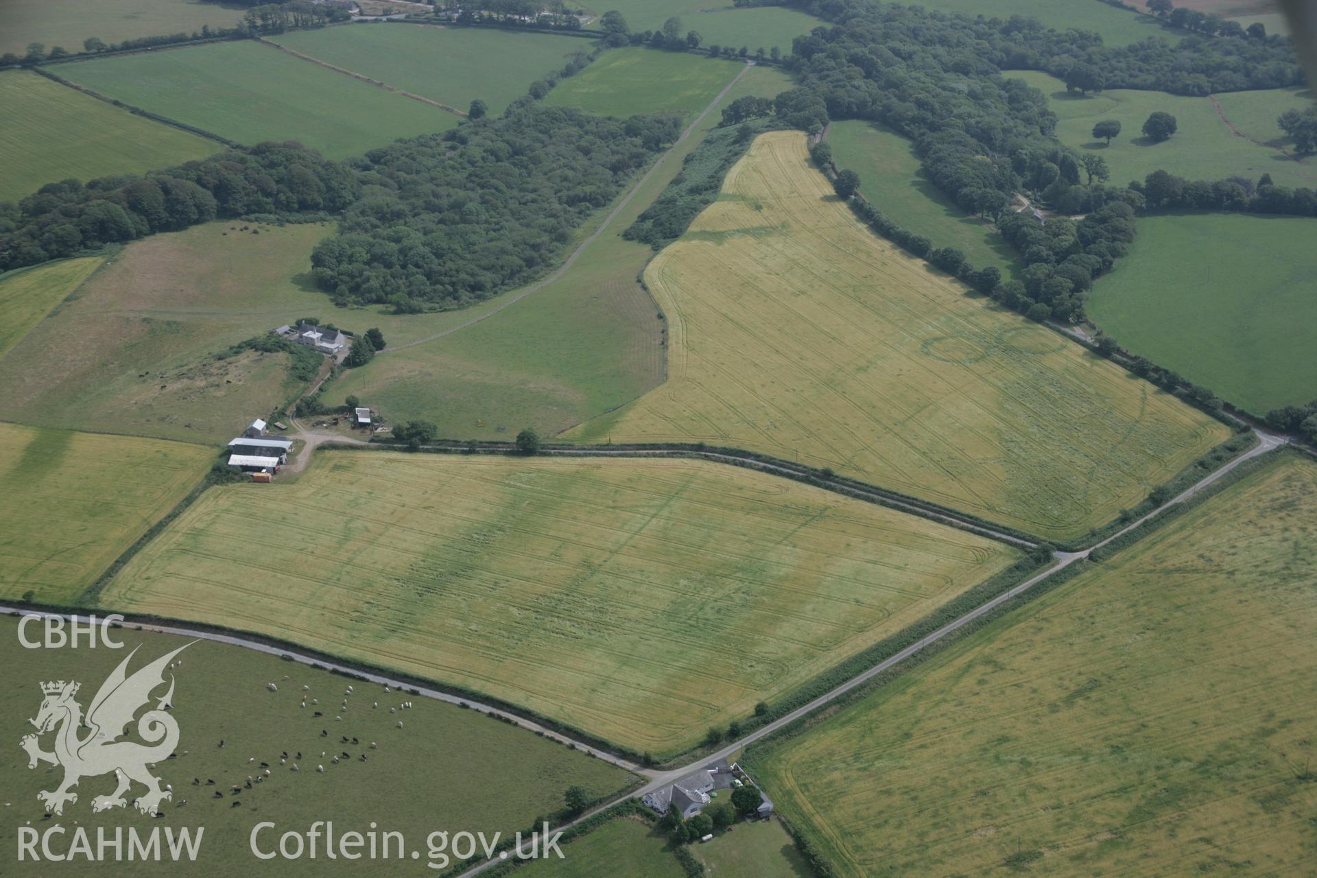 RCAHMW digital colour oblique photograph of cropmarks of relict field systems east of Pen Bryn Adda from the west. Taken on 27/07/2005 by T.G. Driver.