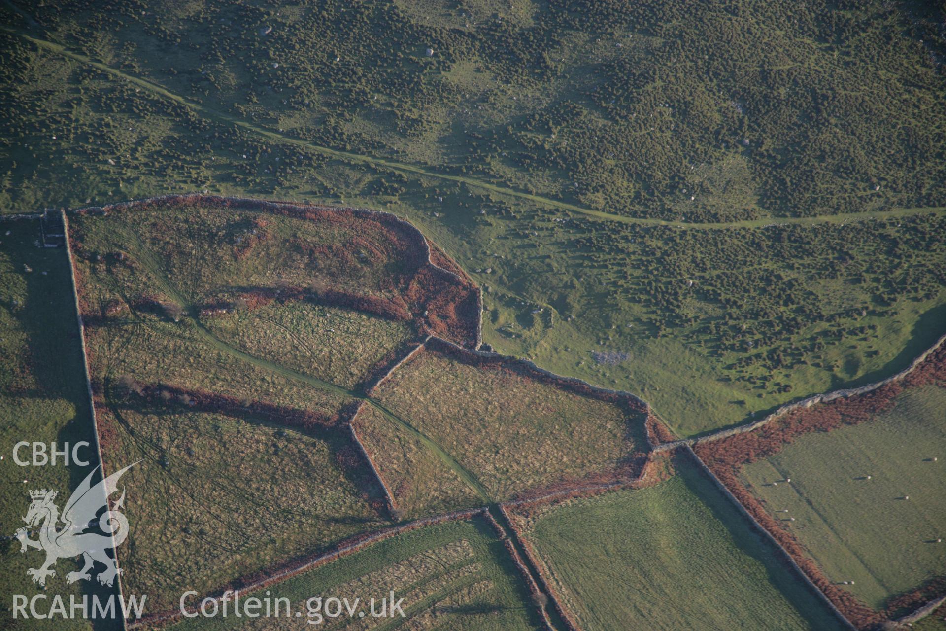 RCAHMW colour oblique aerial photograph of an enclosed setttlement east of Tan-y-Bwlch viewed from the north-west. Taken on 21 November 2005 by Toby Driver