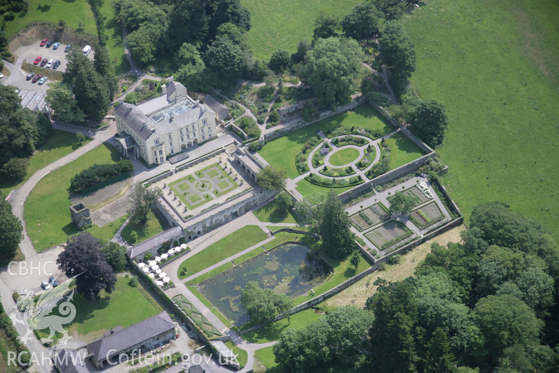 RCAHMW colour oblique aerial photograph of Aberglasney Garden, Llangathen. A general view from the north-west. Taken on 11 July 2005 by Toby Driver