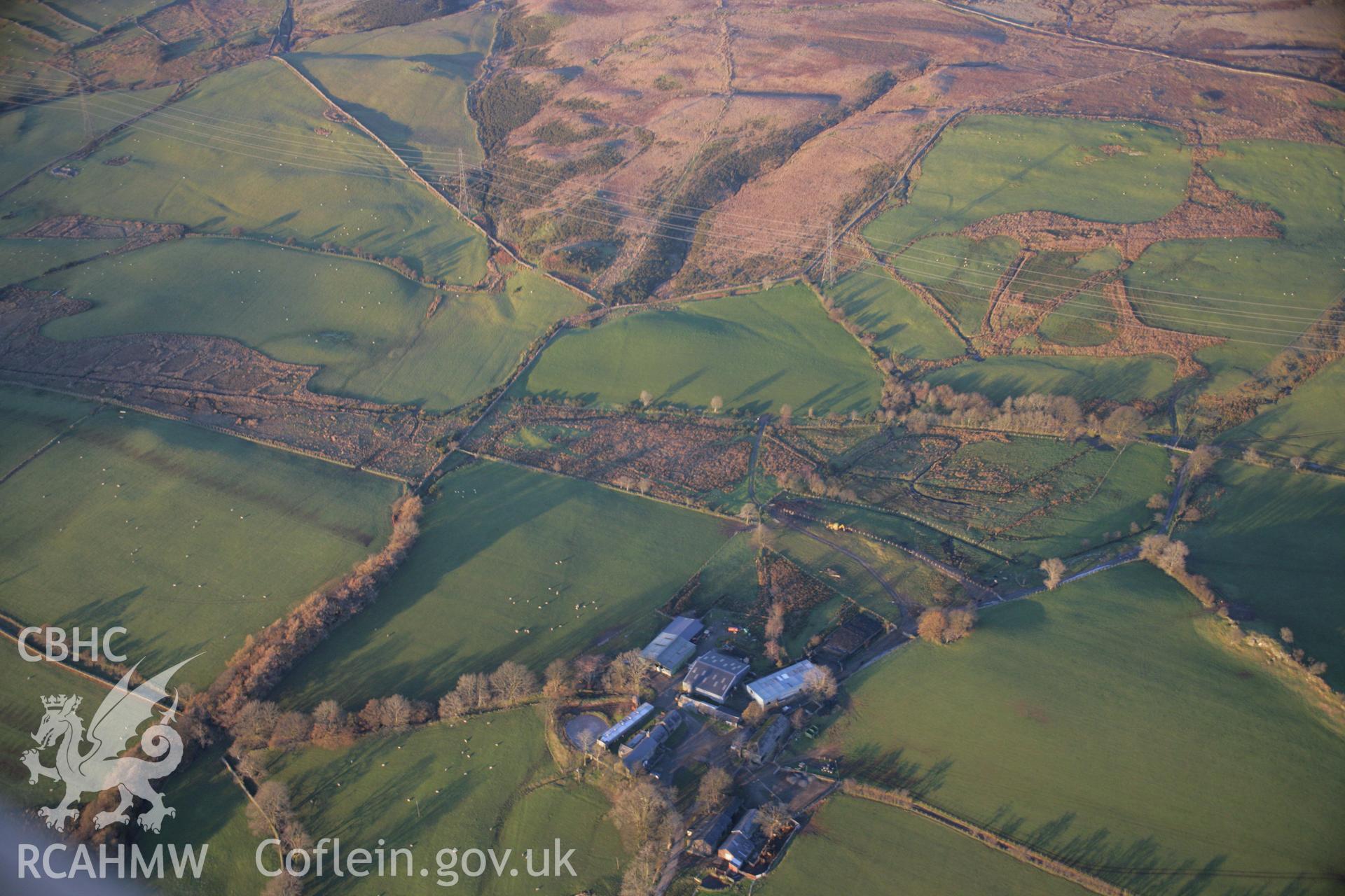 RCAHMW colour oblique aerial photograph of a probable stretch of Roman Road at Llwyn Crwn viewed from the south. Taken on 21 November 2005 by Toby Driver