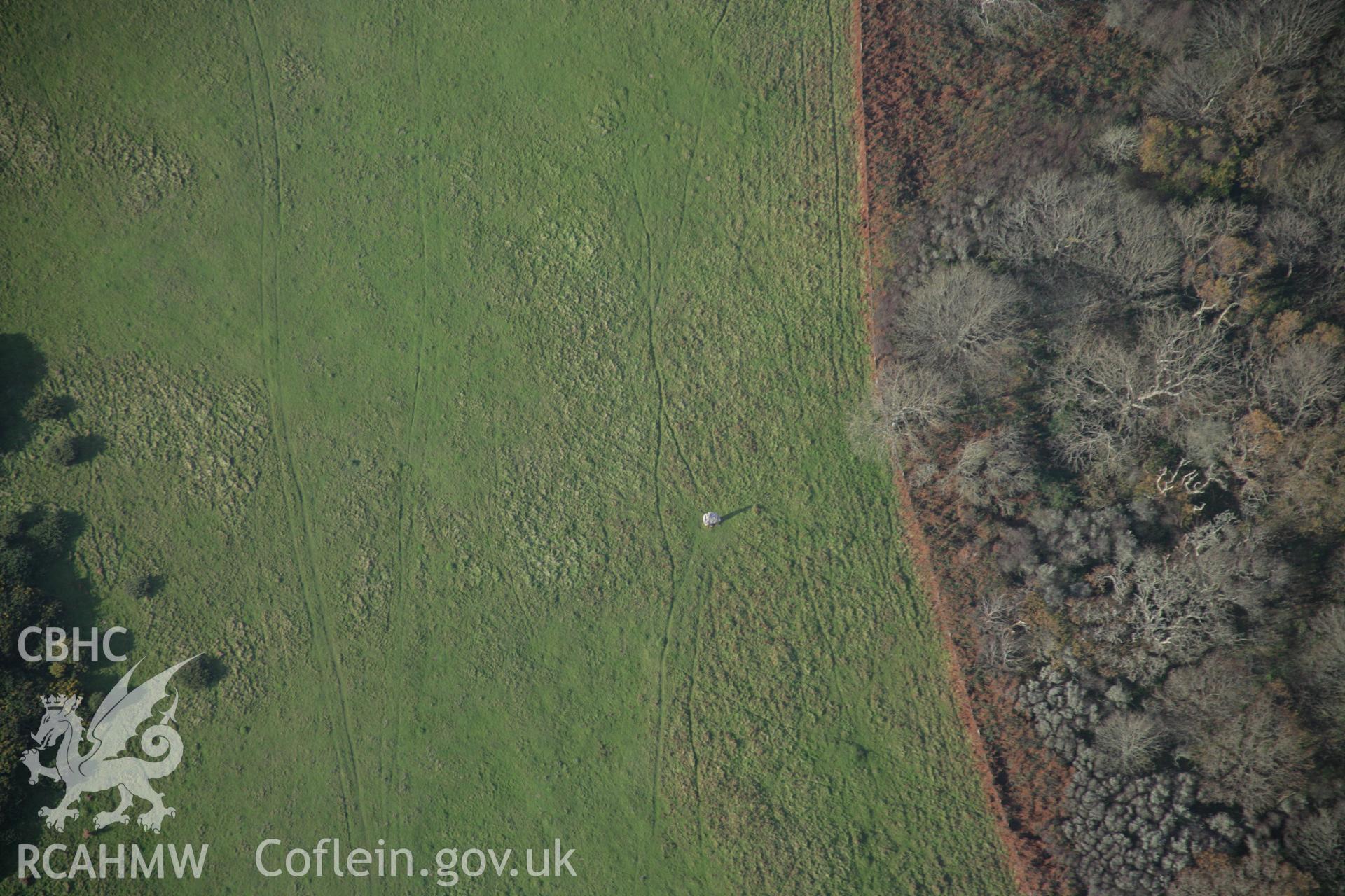 RCAHMW colour oblique aerial photograph of the Devil's Quoit standing stone at Stackpole Elidor, viewed from the south-east. Taken on 19 November 2005 by Toby Driver