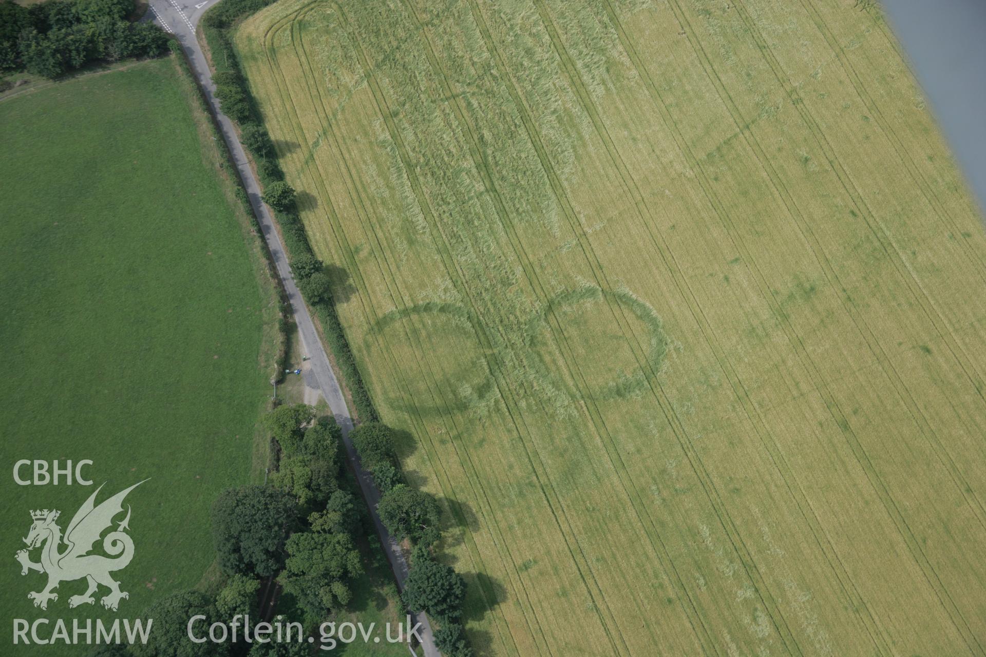 RCAHMW digital colour oblique photograph of the cropmarks of a triple ring ditch at Bryn Bodfel viewed from the north-east. Taken on 27/07/2005 by T.G. Driver.