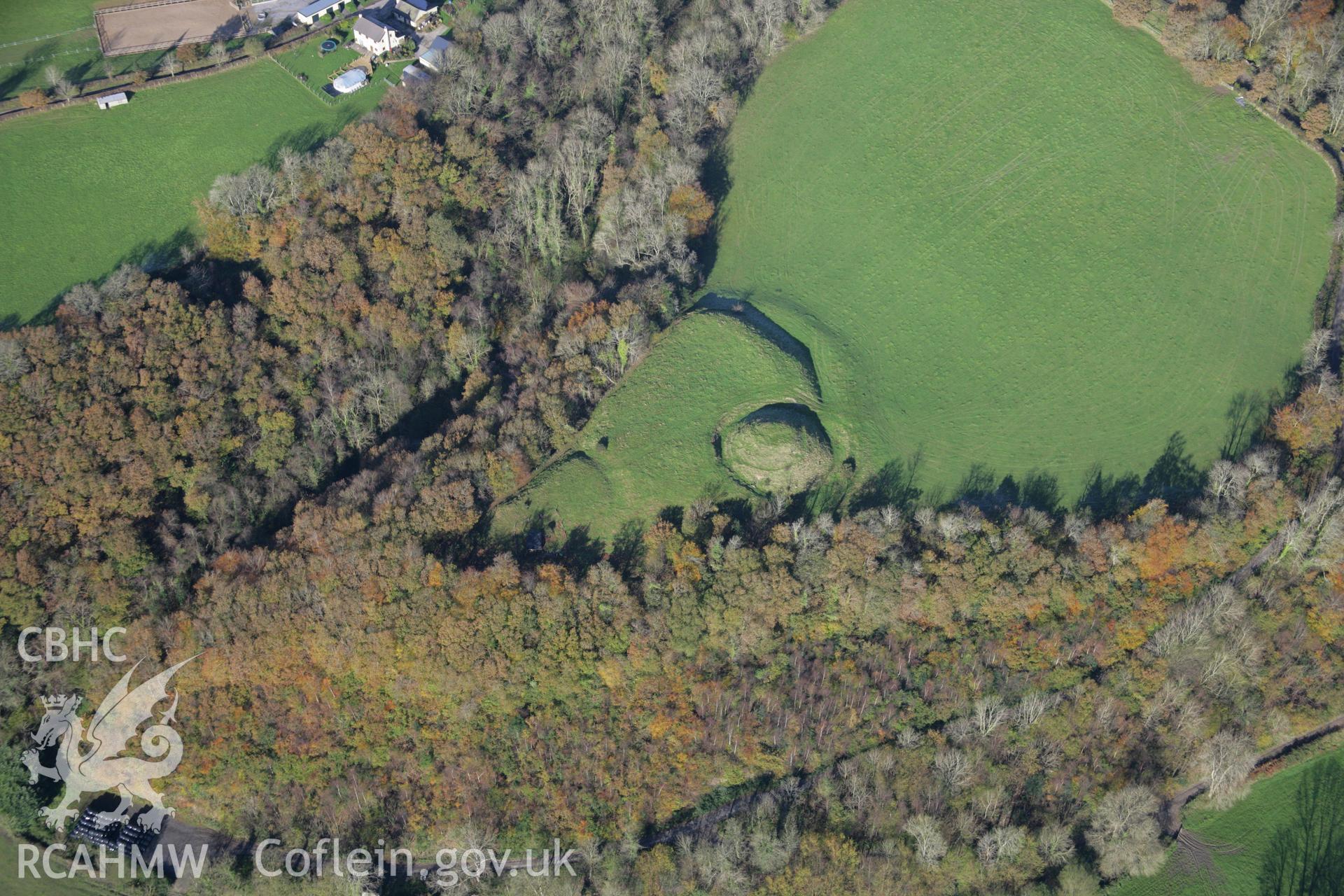 RCAHMW colour oblique photograph of Allt y Ferin, motte and bailey castle, view from south-east. Taken by Toby Driver on 17/11/2005.