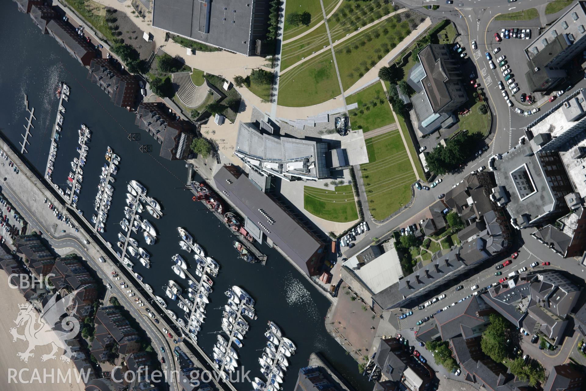 RCAHMW colour oblique aerial photograph of National Waterfront Museum and Marina, Swansea, viewed from the north-east. Taken on 22 June 2005 by Toby Driver