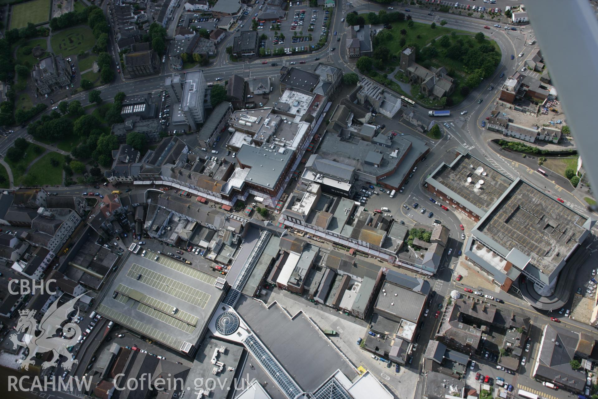 RCAHMW colour oblique aerial photograph of St Ellyw's Church, Bridge Street, Llanelli, viewed from the south. Taken on 09 June 2005 by Toby Driver