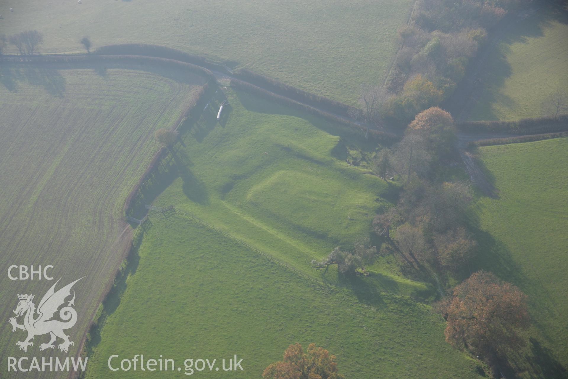 RCAHMW colour oblique aerial photograph of Plas-yr-Alarch Moat from the east. Taken on 21 November 2005 by Toby Driver