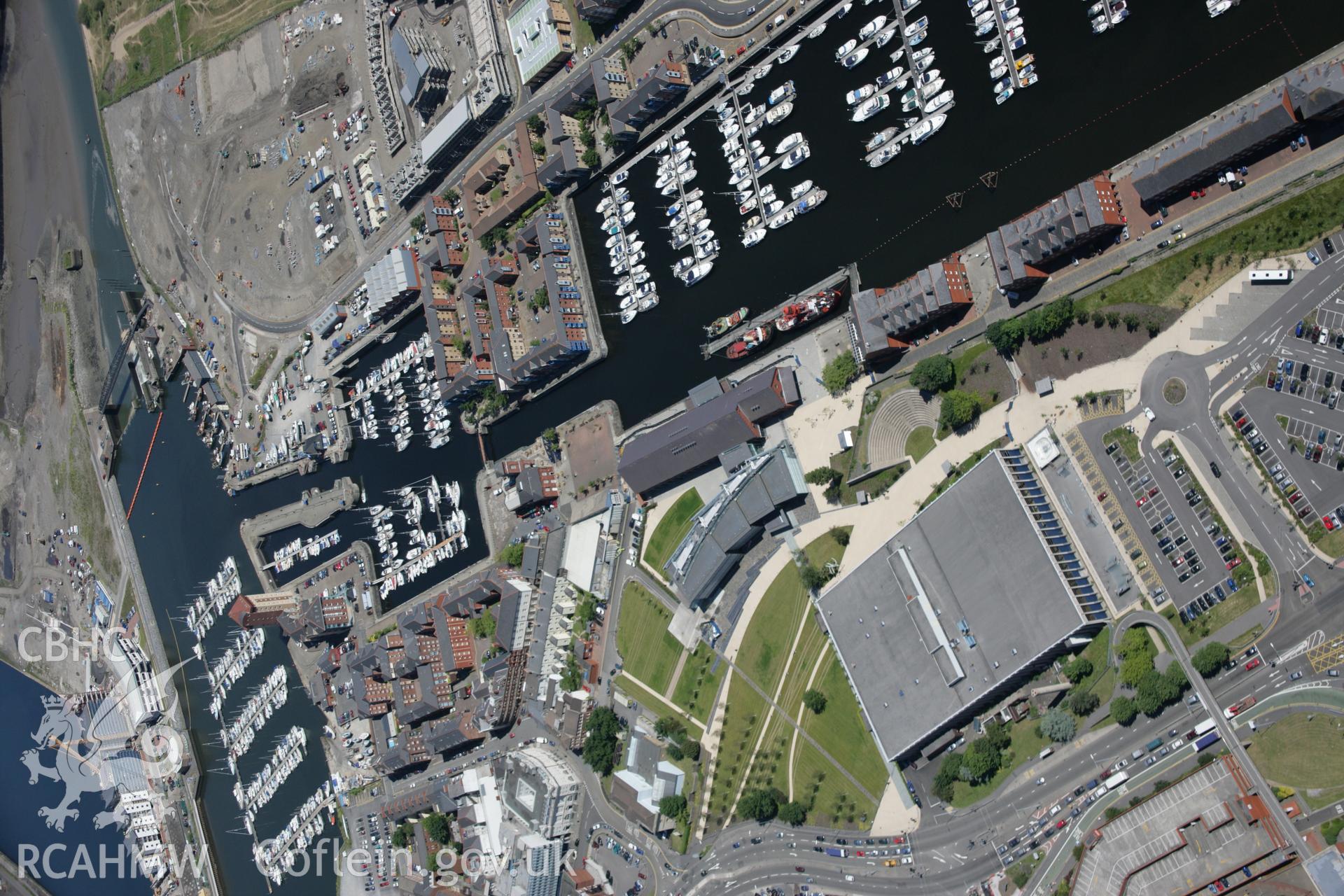 RCAHMW colour oblique aerial photograph of National Waterfront Museum and Marina, Swansea, viewed from the west. Taken on 22 June 2005 by Toby Driver