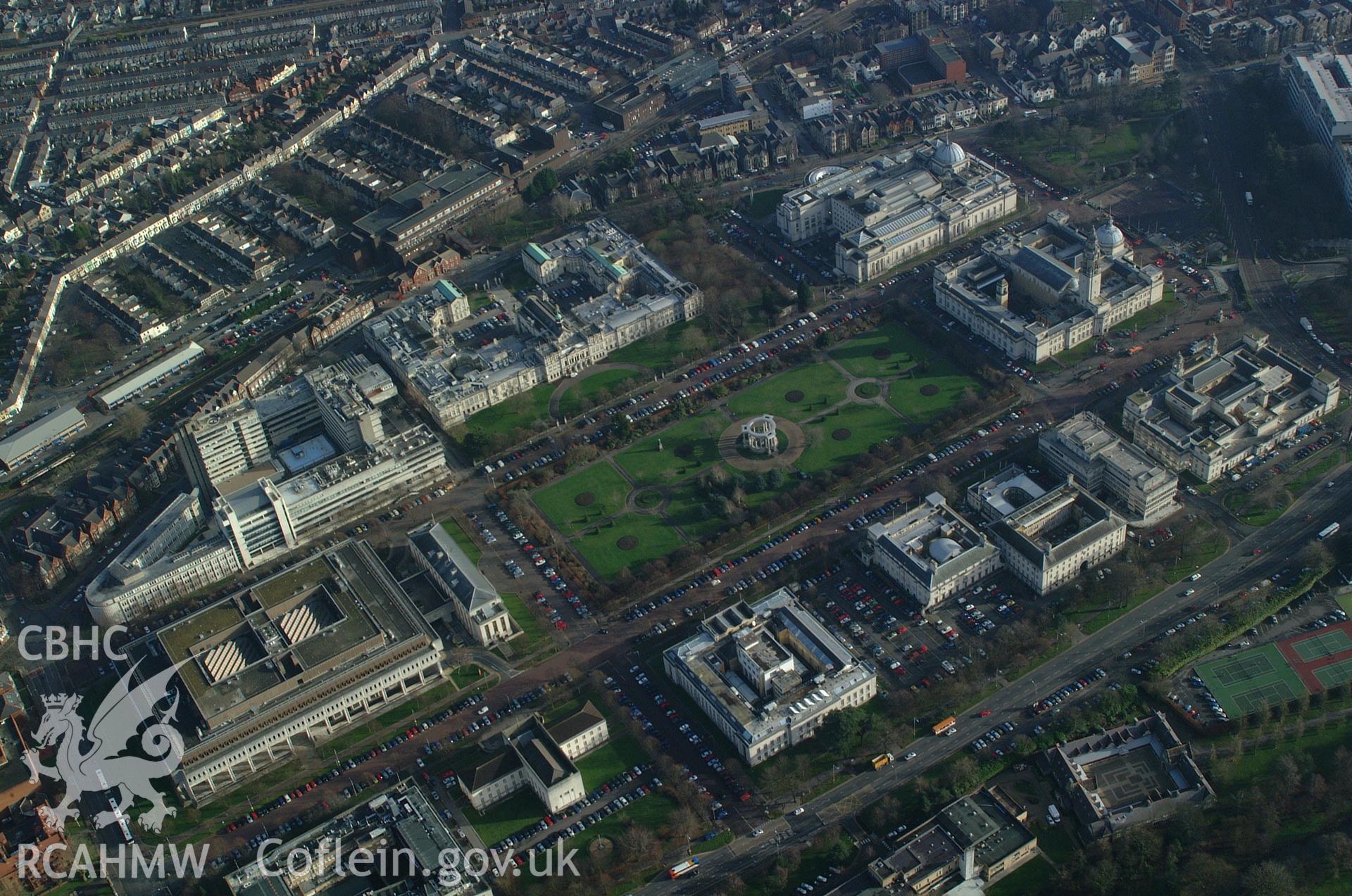 RCAHMW colour oblique aerial photograph of Cathays Park, Cardiff taken on 13/01/2005 by Toby Driver