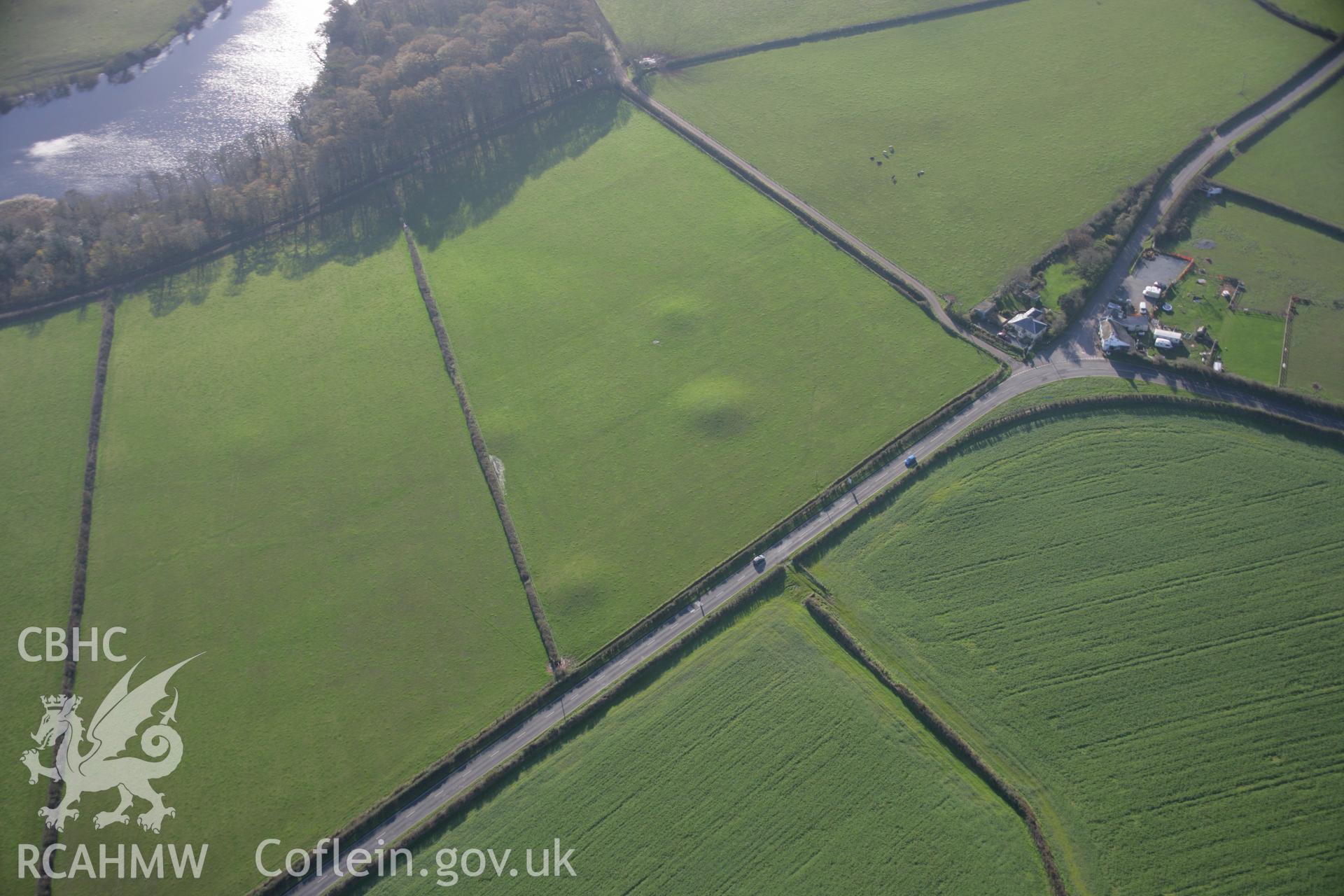 RCAHMW colour oblique aerial photograph of Dry Burrows Barrow Group near Hundleton viewed from the north. Taken on 19 November 2005 by Toby Driver