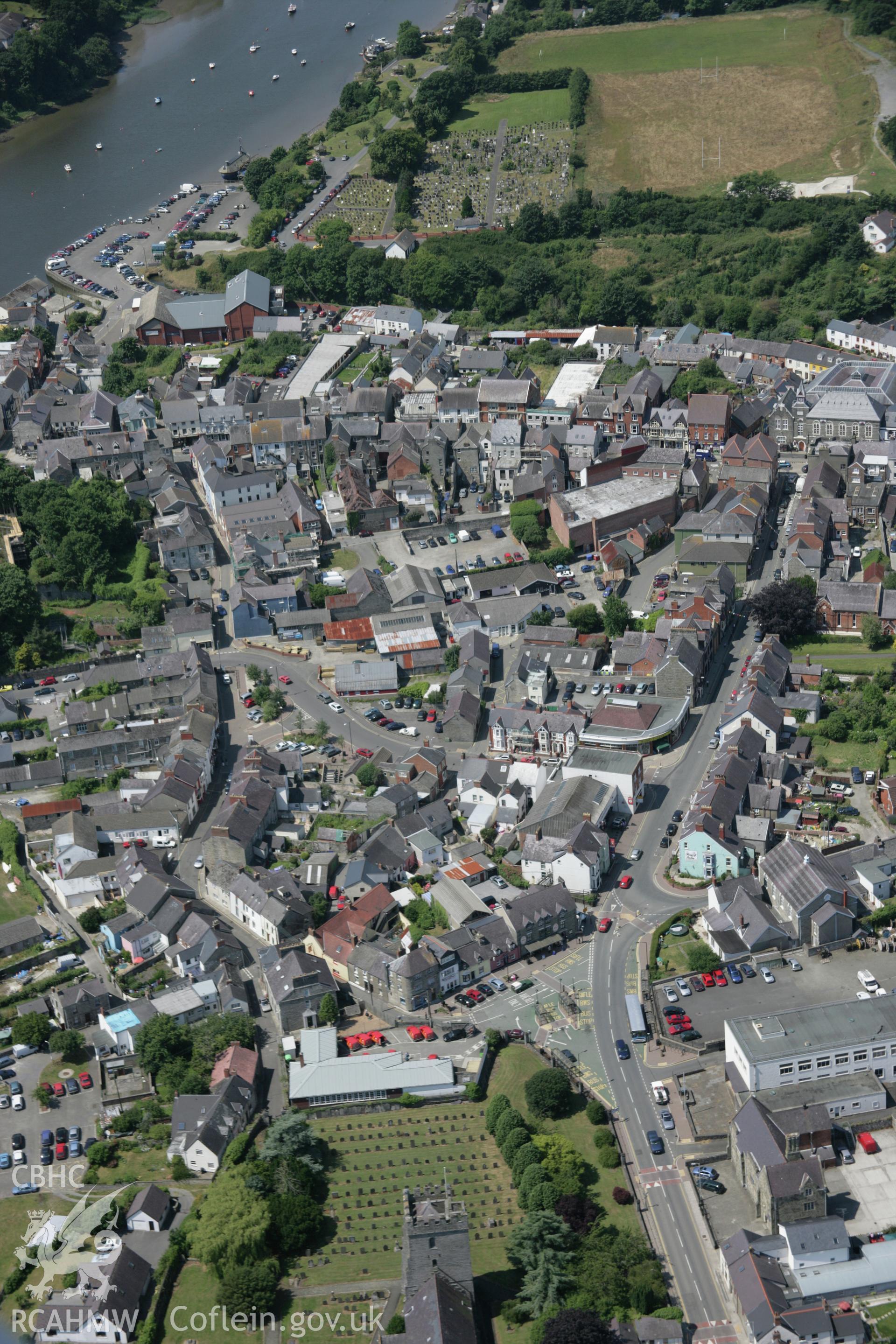 RCAHMW colour oblique aerial photograph of Cardigan Town Walls from the east.. Taken on 11 July 2005 by Toby Driver