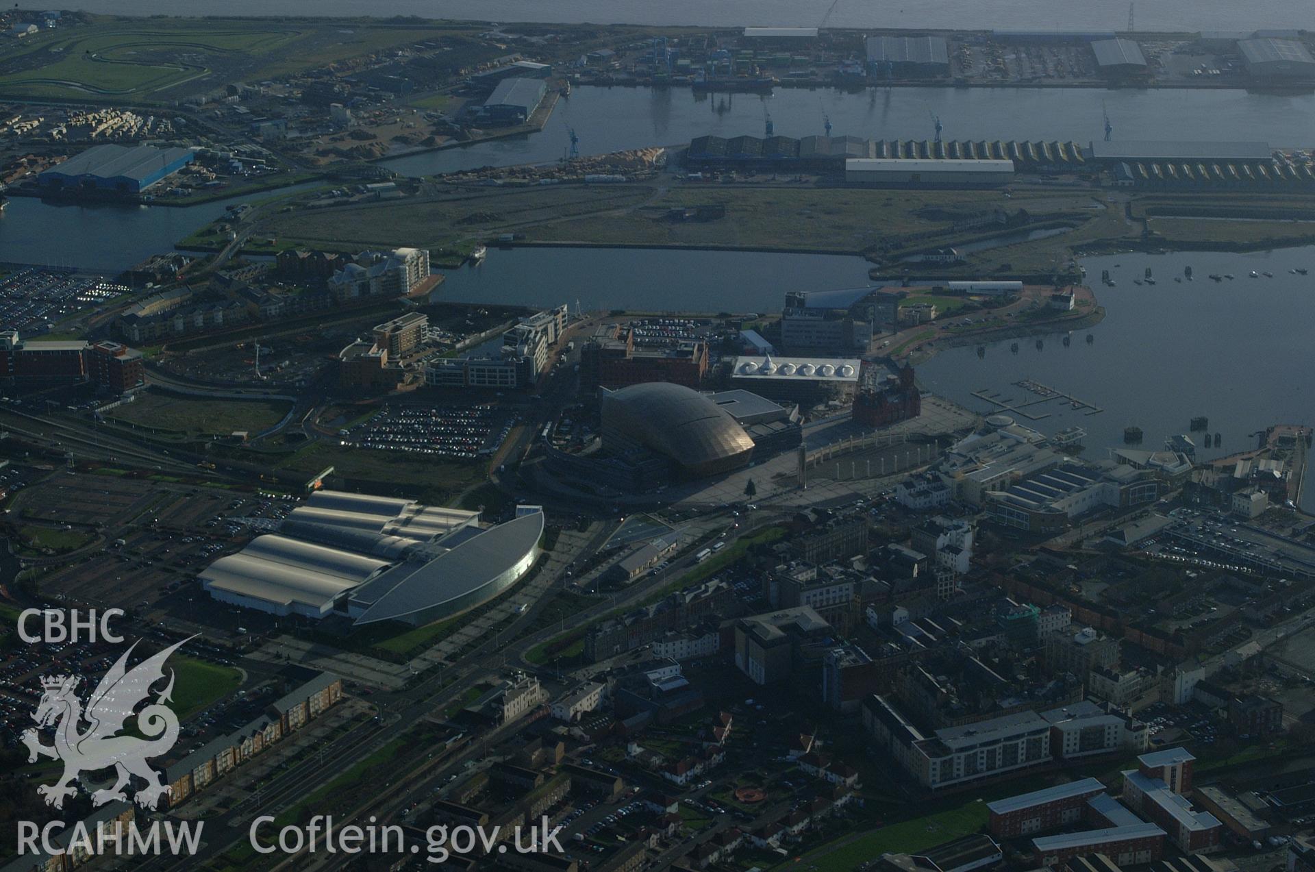 RCAHMW colour oblique aerial photograph of the Wales Millennium Centre taken on 13/01/2005 by Toby Driver