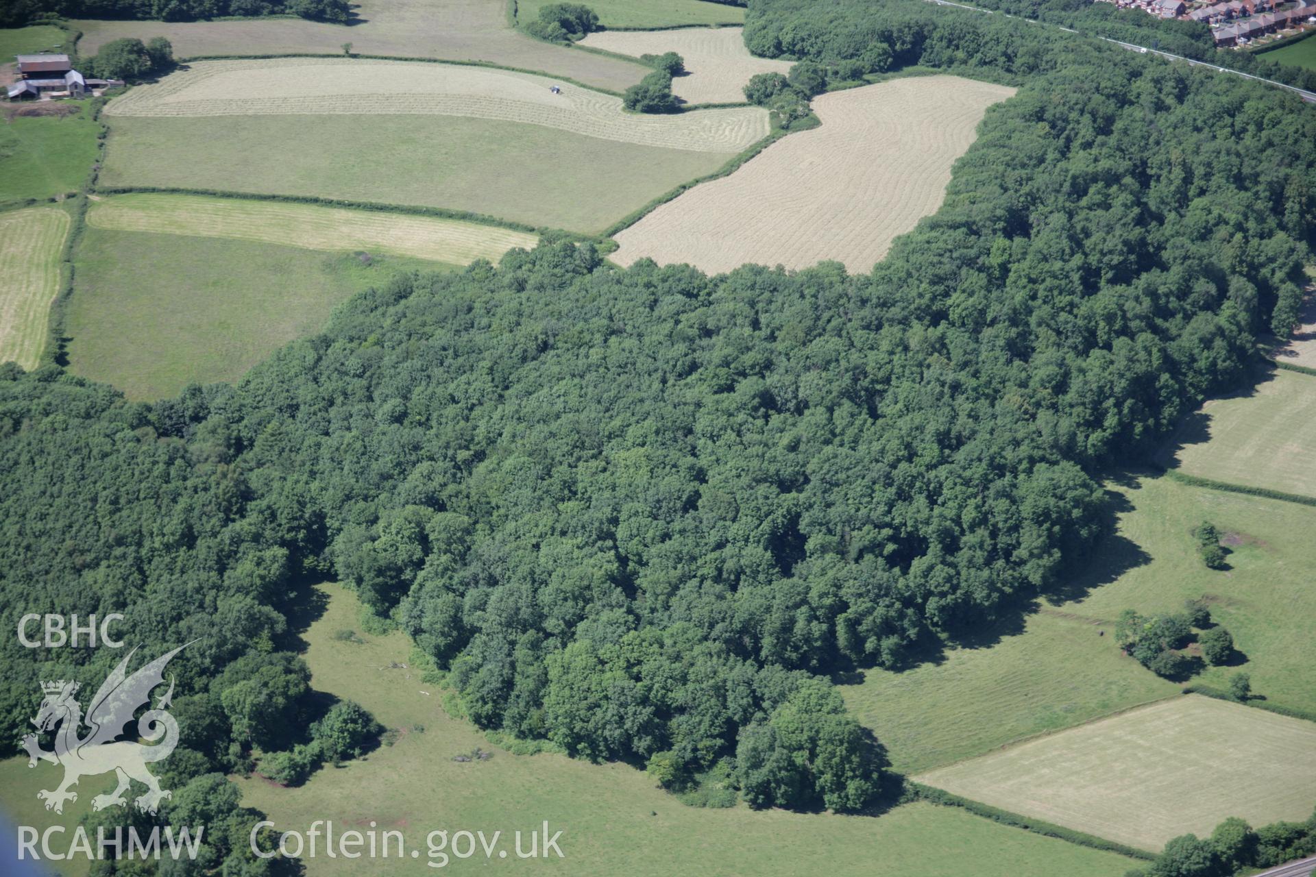 RCAHMW colour oblique aerial photograph of showing site of Ogof-y-Pebyll. Under woodland, viewed from the south-east. Taken on 22 June 2005 by Toby Driver