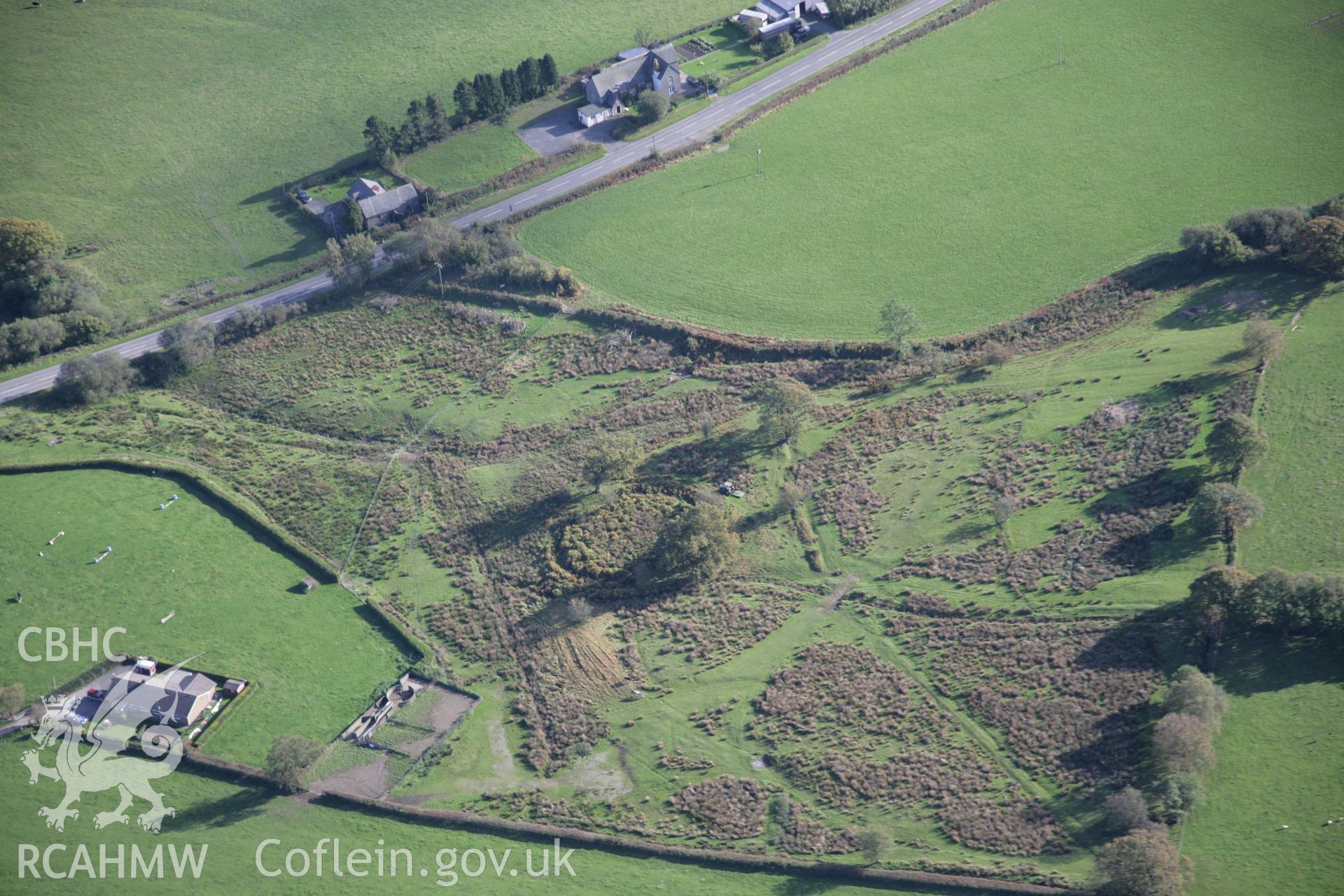 RCAHMW colour oblique aerial photograph of earthwork at Lle'r Prior, Llanafanfawr, viewed from the south. Taken on 13 October 2005 by Toby Driver