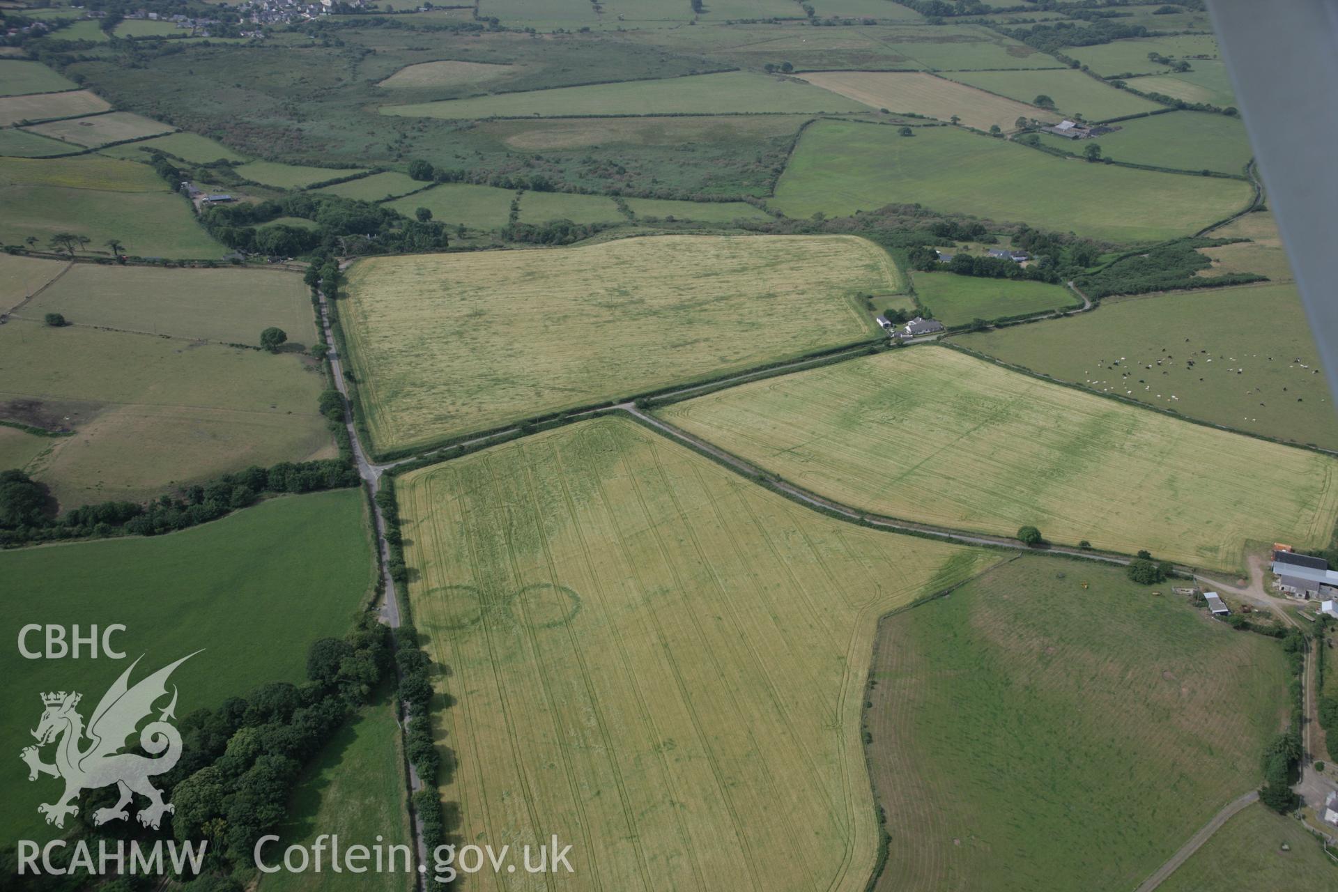 RCAHMW digital colour oblique photograph of the cropmarks of a triple ring ditch at Bryn Bodfel viewed from the north-east. Taken on 27/07/2005 by T.G. Driver.