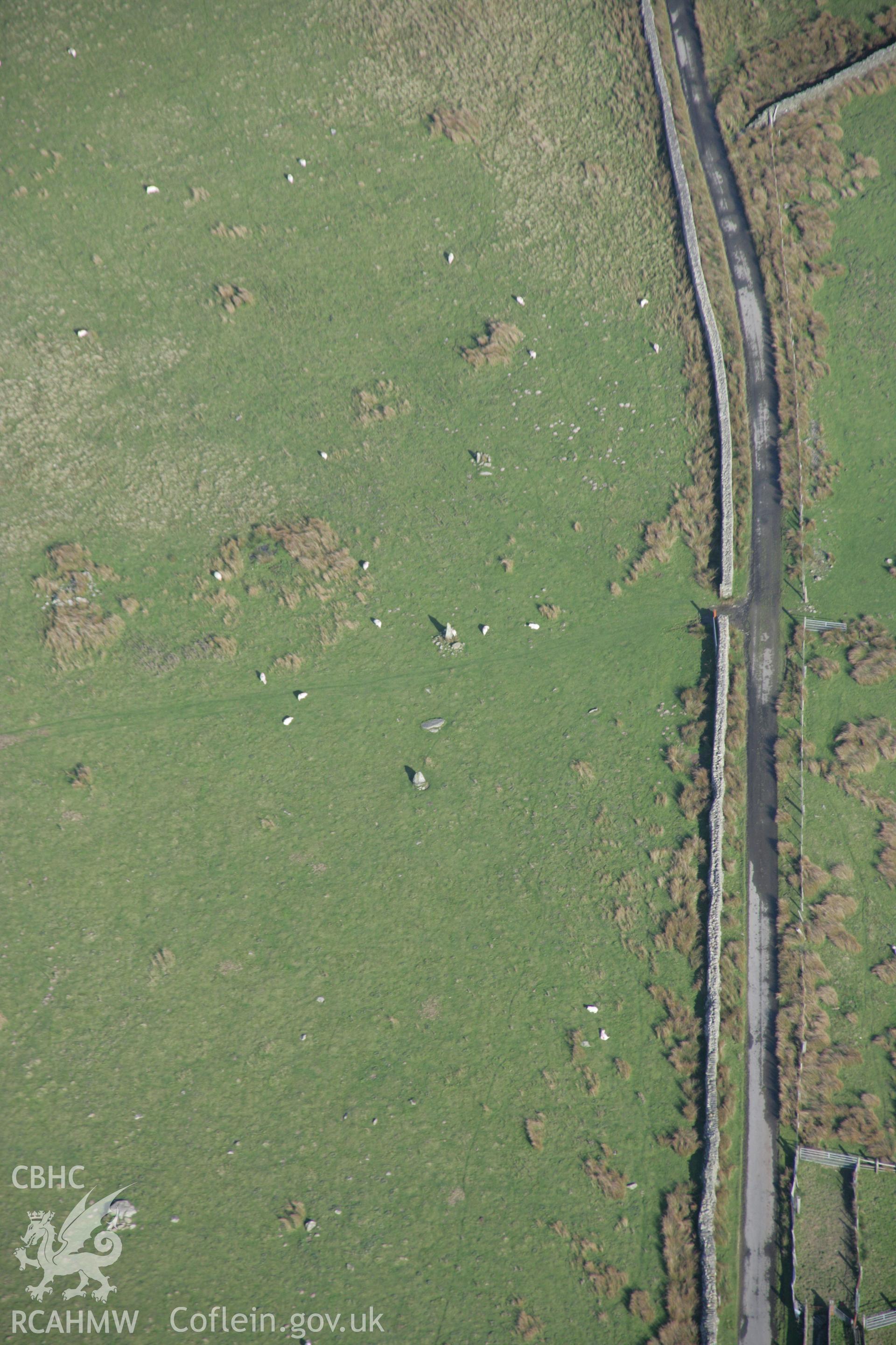 RCAHMW colour oblique aerial photograph of standing stones at Morfa looking north-east. Taken on 17 October 2005 by Toby Driver