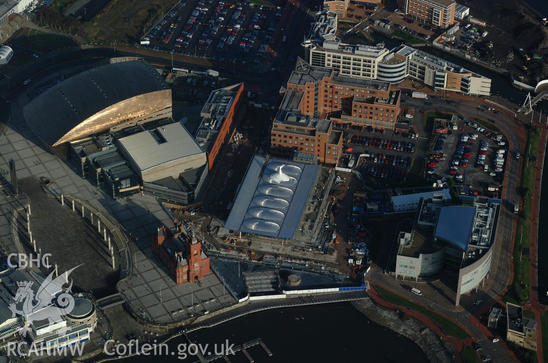 RCAHMW colour oblique aerial photograph of the Wales Millennium Centre taken on 13/01/2005 by Toby Driver