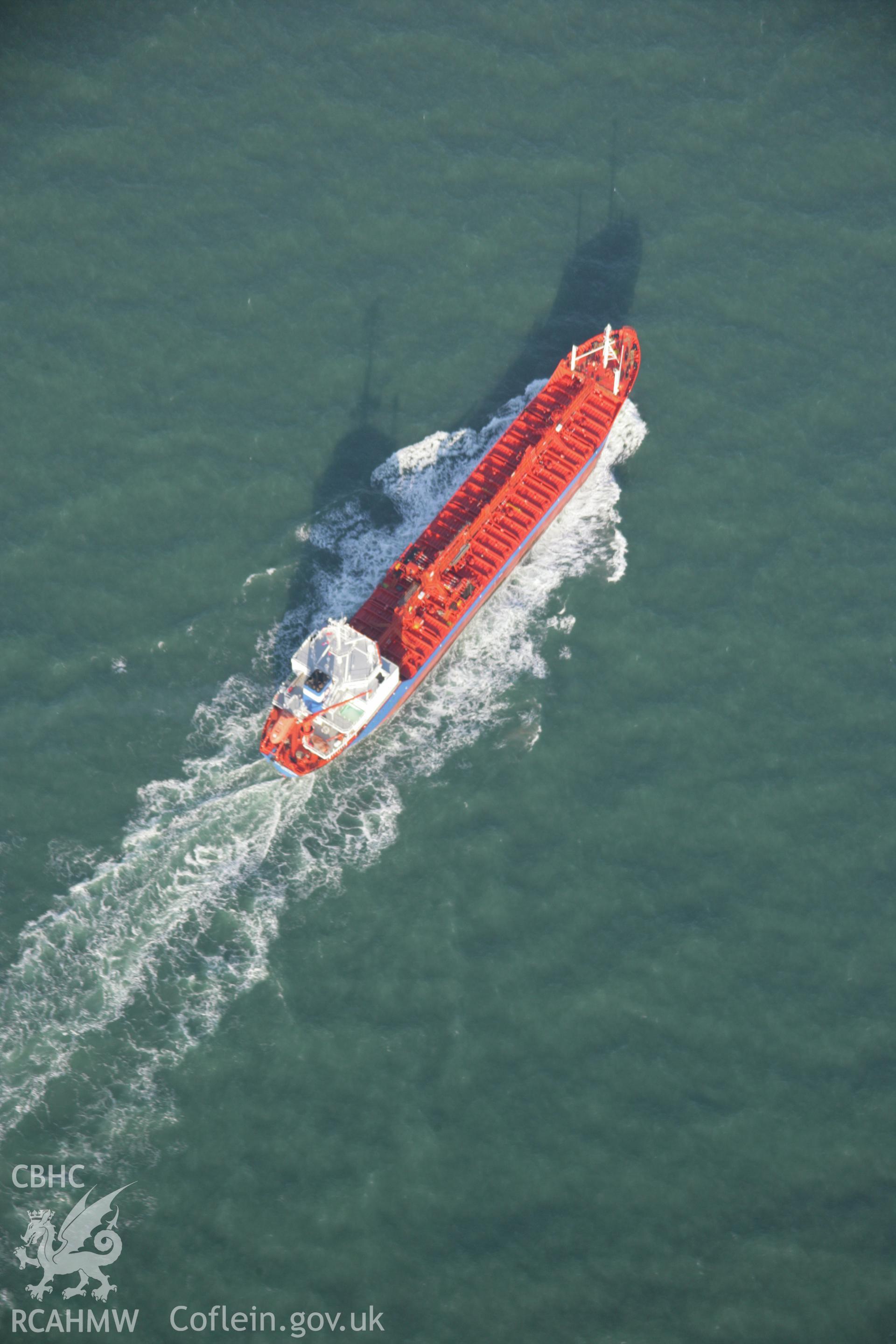 RCAHMW colour oblique aerial photograph of Milford Haven Waterway, showing tanker entering the mouth of Haven to the south-east of St Ann's Head. Taken on 19 November 2005 by Toby Driver