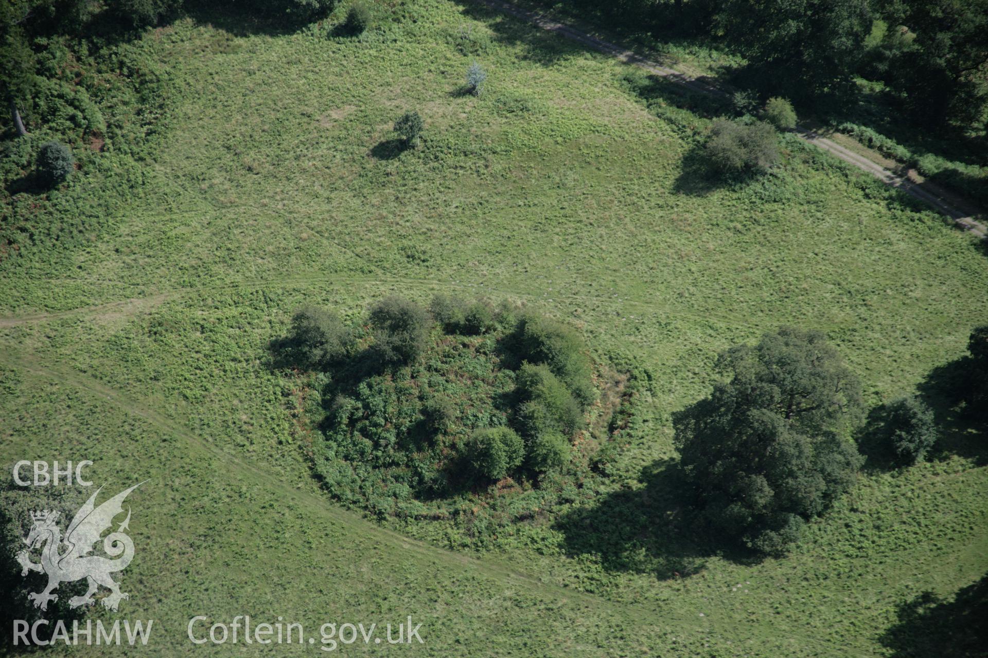 RCAHMW colour oblique aerial photograph of Lady's Mount motte in Powis Castle Park viewed from west. Taken on 02 September 2005 by Toby Driver