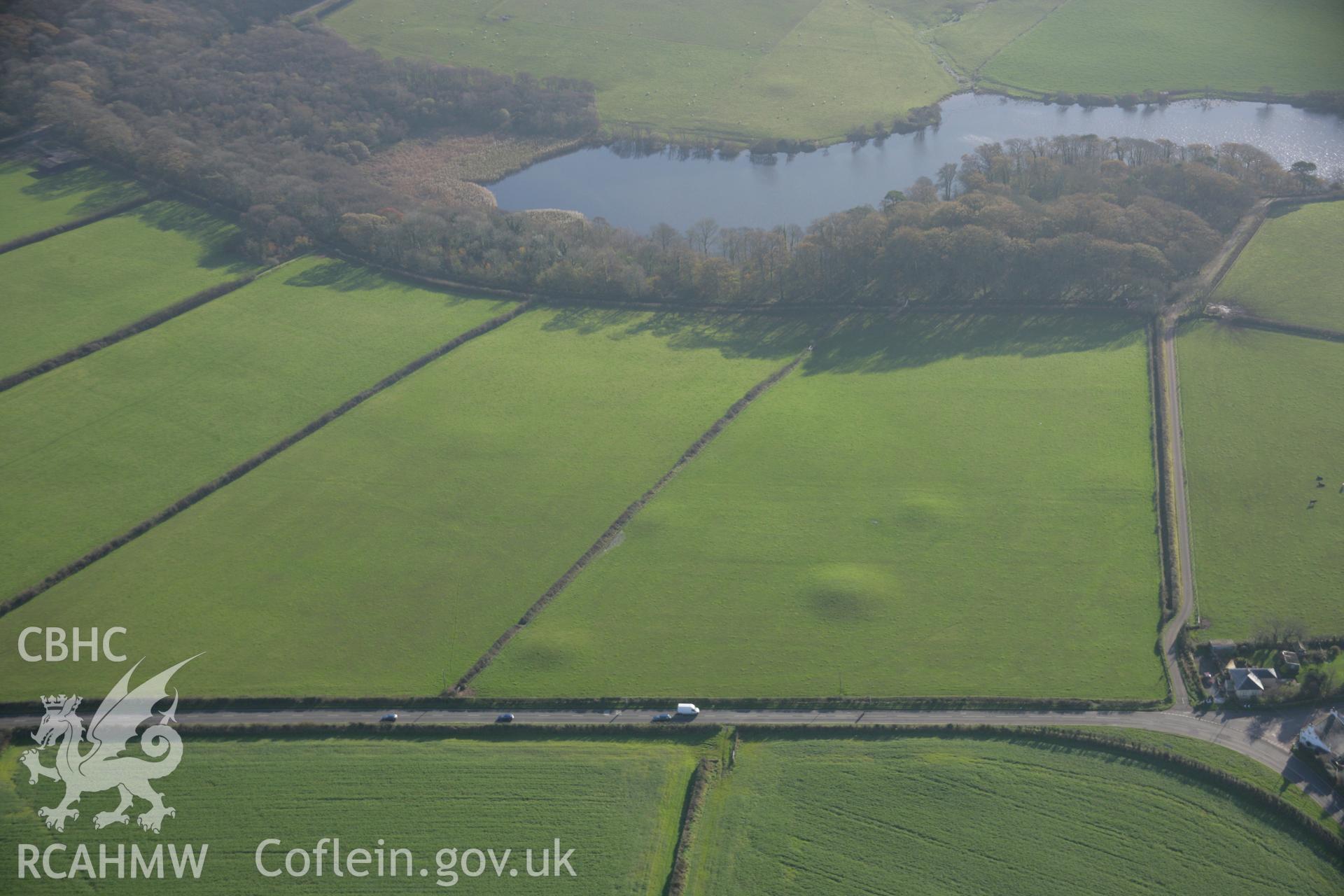 RCAHMW colour oblique aerial photograph of Dry Burrows Barrow Group near Hundleton viewedfrom the north-west. Taken on 19 November 2005 by Toby Driver