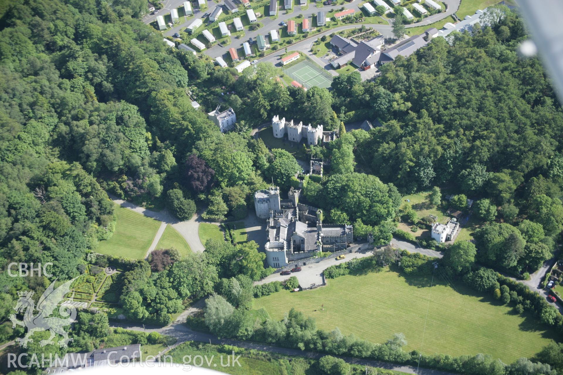 RCAHMW digital colour oblique photograph of the garden at Bryn Bras Castle, Llanrug, viewed from the north. Taken on 08/06/2005 by T.G. Driver.