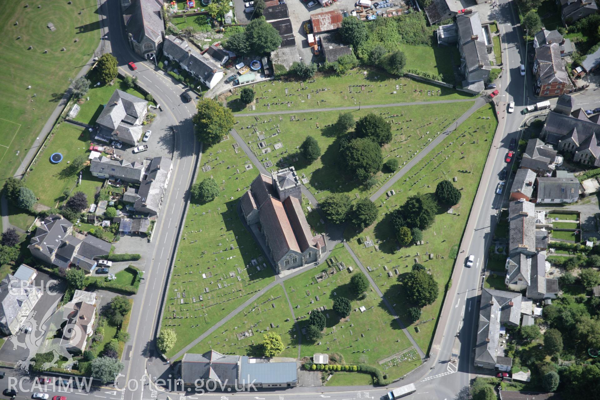 RCAHMW colour oblique aerial photograph of St Mary's Parish Church, Builth Wells, from the north-west. Taken on 02 September 2005 by Toby Driver