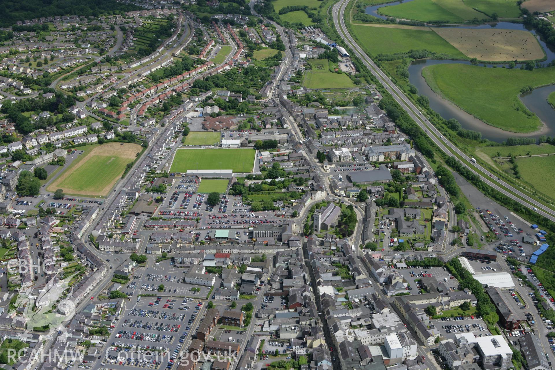 RCAHMW colour oblique photograph of Carmarthen Roman Town. Taken by Toby Driver on 09/06/2008.