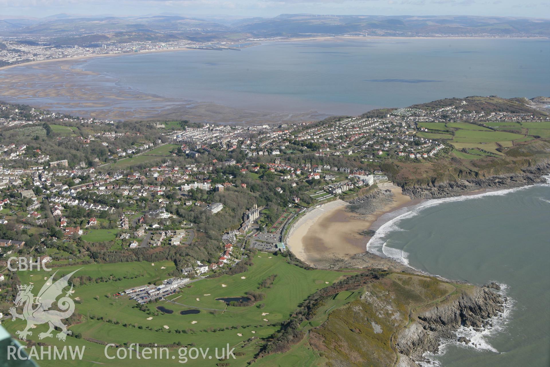 RCAHMW colour oblique photograph of Langland Bay, with Langland Bay Hotel and gardens. Taken by Toby Driver on 04/03/2008.