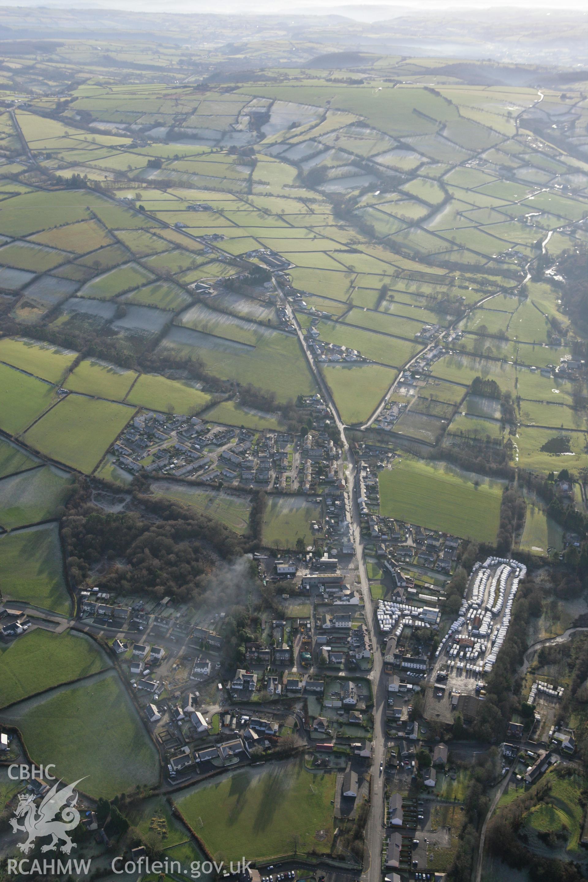 RCAHMW colour oblique photograph of Pencader village. Taken by Toby Driver on 15/12/2008.