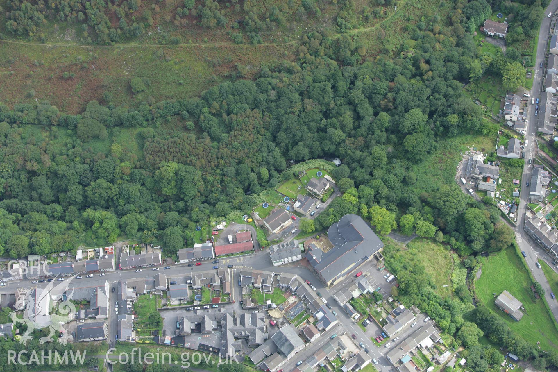 RCAHMW colour oblique photograph of Cwmaman Iron Furnace, now disused. Taken by Toby Driver on 12/09/2008.