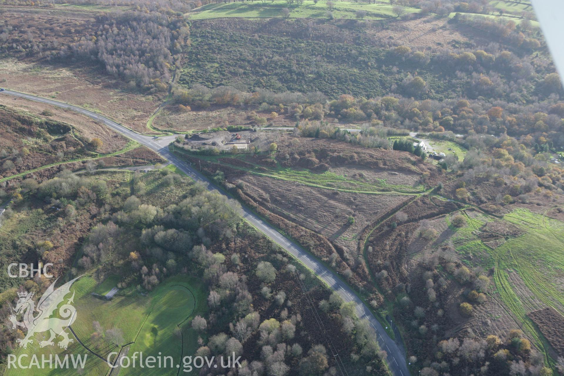 RCAHMW colour oblique photograph of Caerffili (Caerphilly) Mountain Shaft Mounds, Caerphilly Common. Taken by Toby Driver on 12/11/2008.