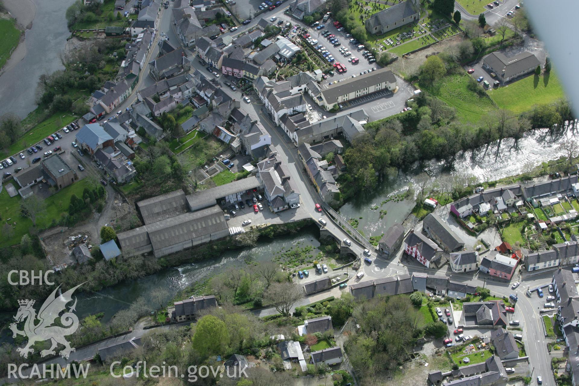 RCAHMW colour oblique photograph of Newcastle Emlyn Bridge. Taken by Toby Driver on 24/04/2008.