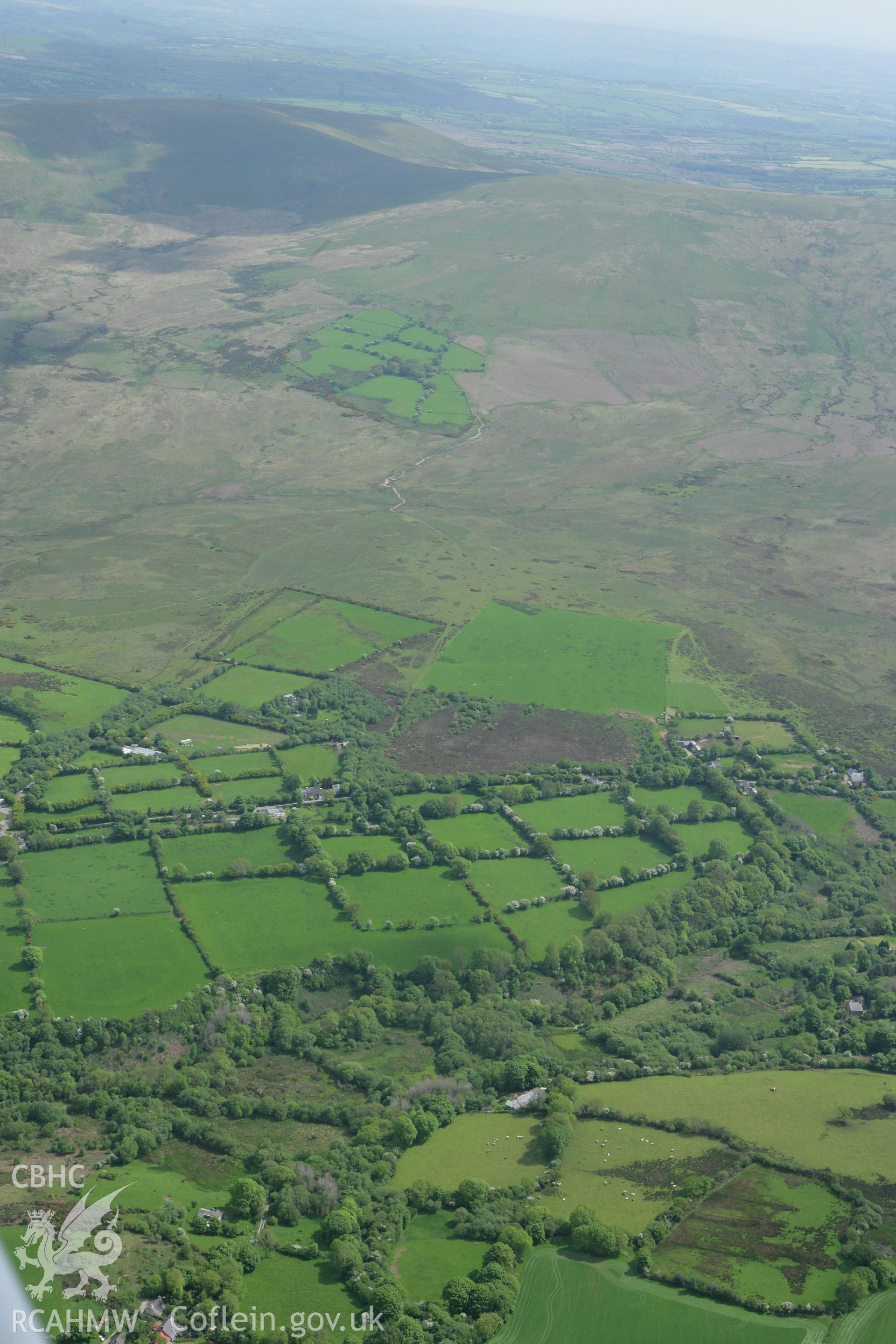 RCAHMW colour oblique photograph of landscape looking south towards Hafod Tydfil Farmstead. Taken by Toby Driver on 20/05/2008.