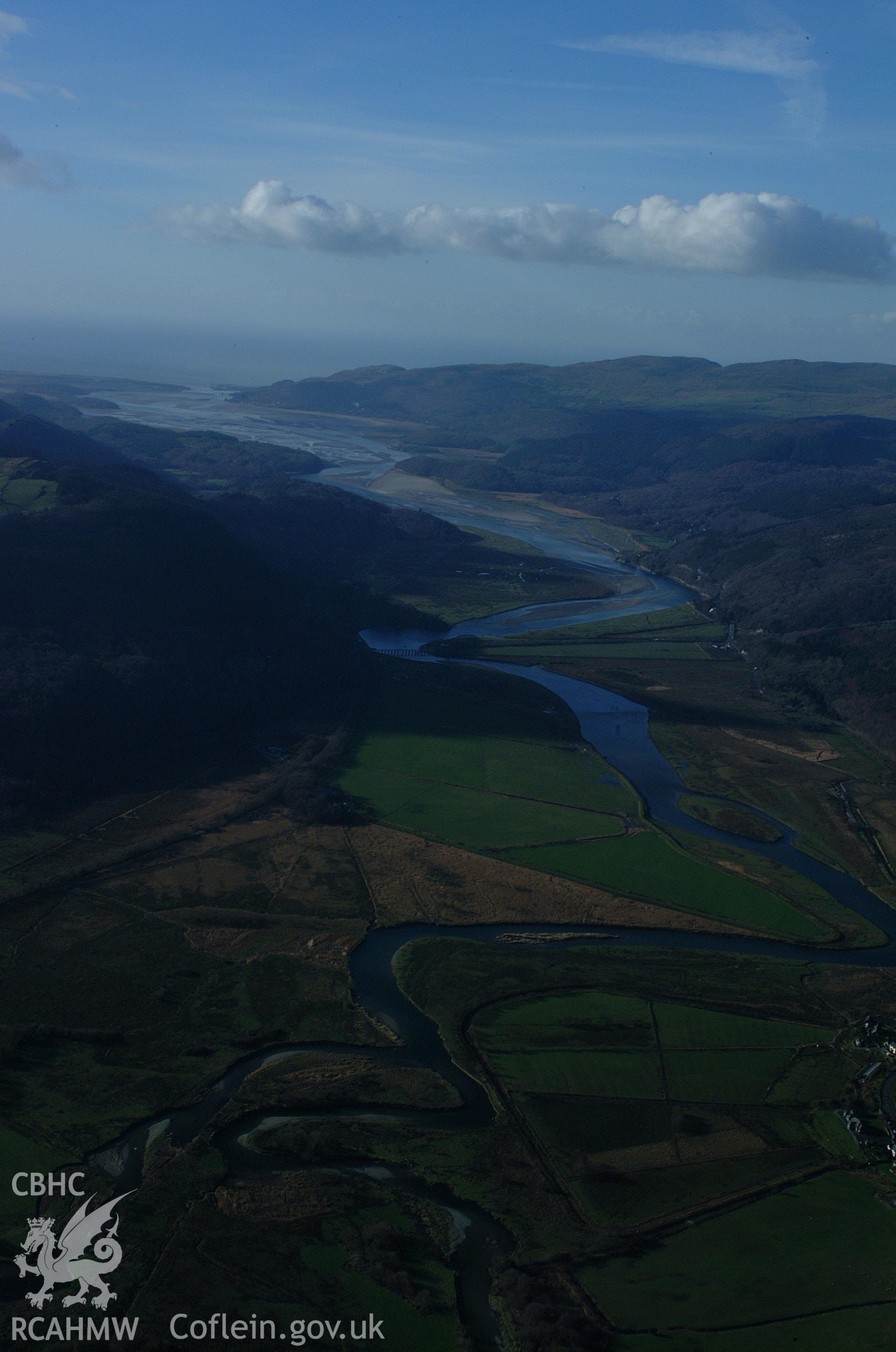 RCAHMW colour oblique aerial photograph of Penmaenpool Bridge taken on 24/01/2005 by Toby Driver