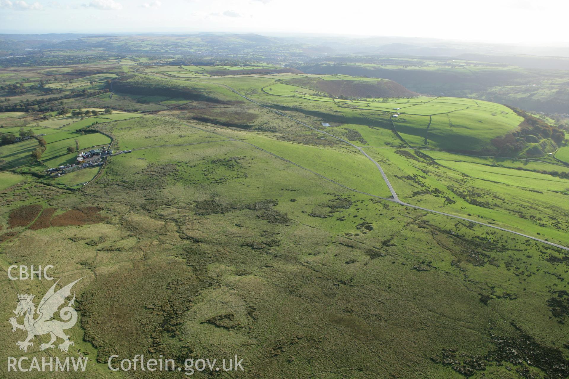 RCAHMW colour oblique photograph of landscape looking south-west towards Ffos-yr-hebog Cairn, Gelligaer Common. Taken by Toby Driver on 16/10/2008.