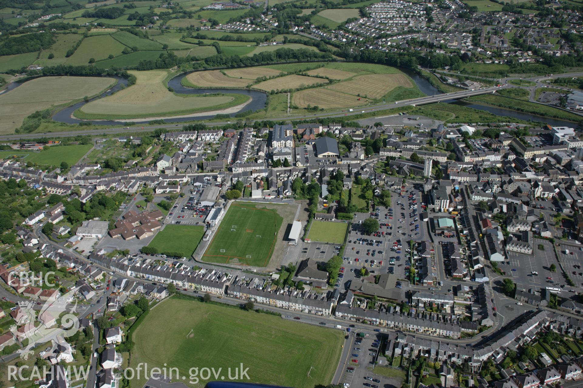 RCAHMW colour oblique aerial photograph of Carmarthen Roman City (Moridunum) from the north-west. Taken on 09 June 2005 by Toby Driver