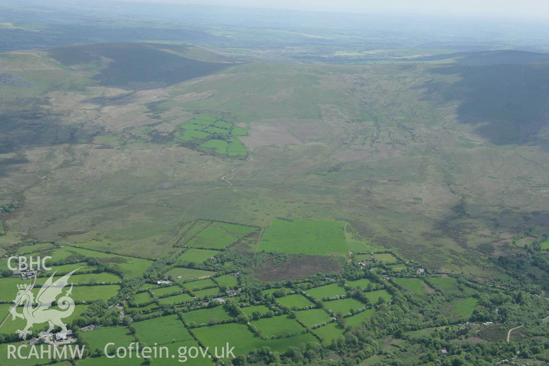 RCAHMW colour oblique photograph of landscape looking south towards Hafod Tydfil Farmstead. Taken by Toby Driver on 20/05/2008.