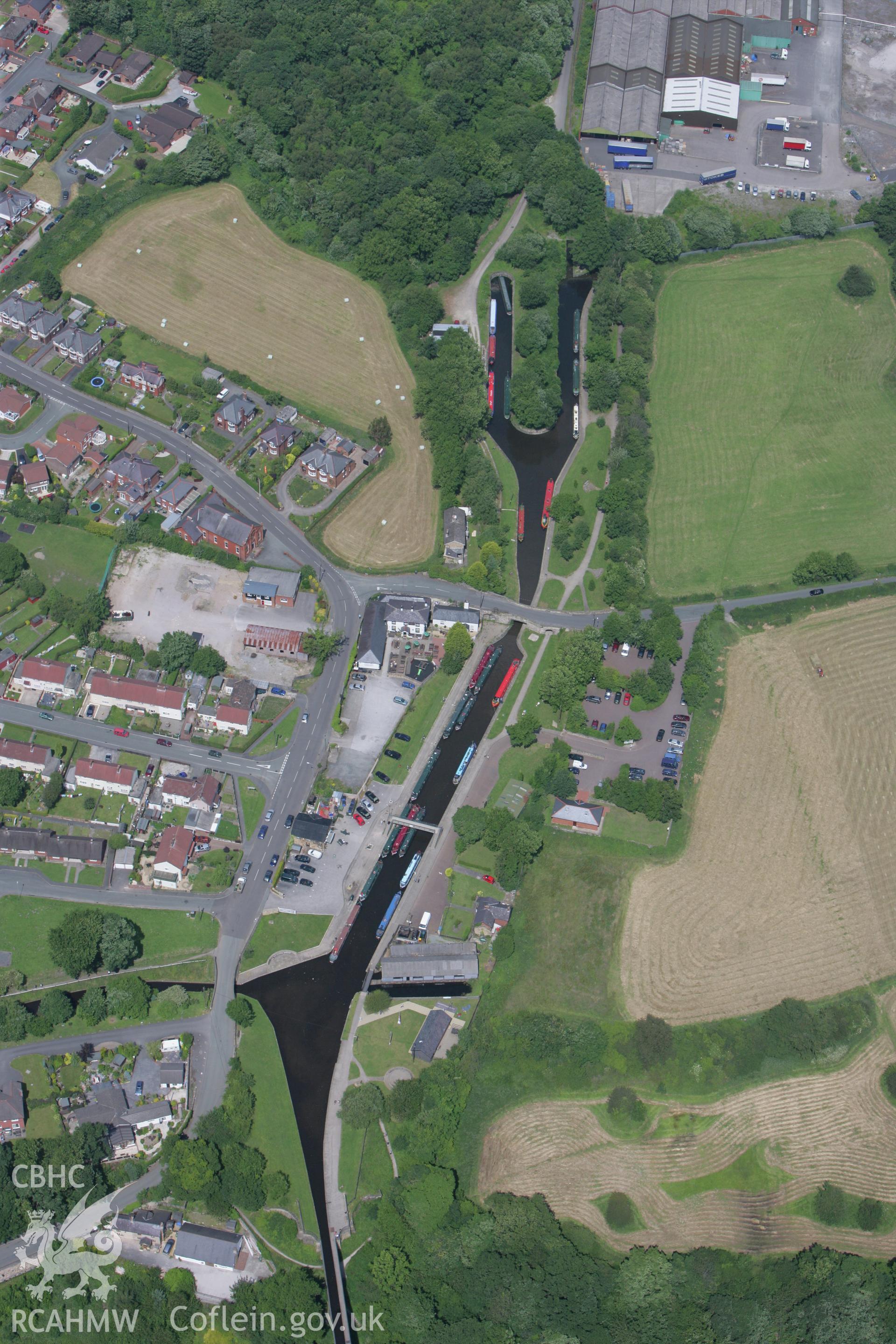 RCAHMW colour oblique photograph of Trevor Wharf and Basin, Llangollen Canal. Taken by Toby Driver on 01/07/2008.