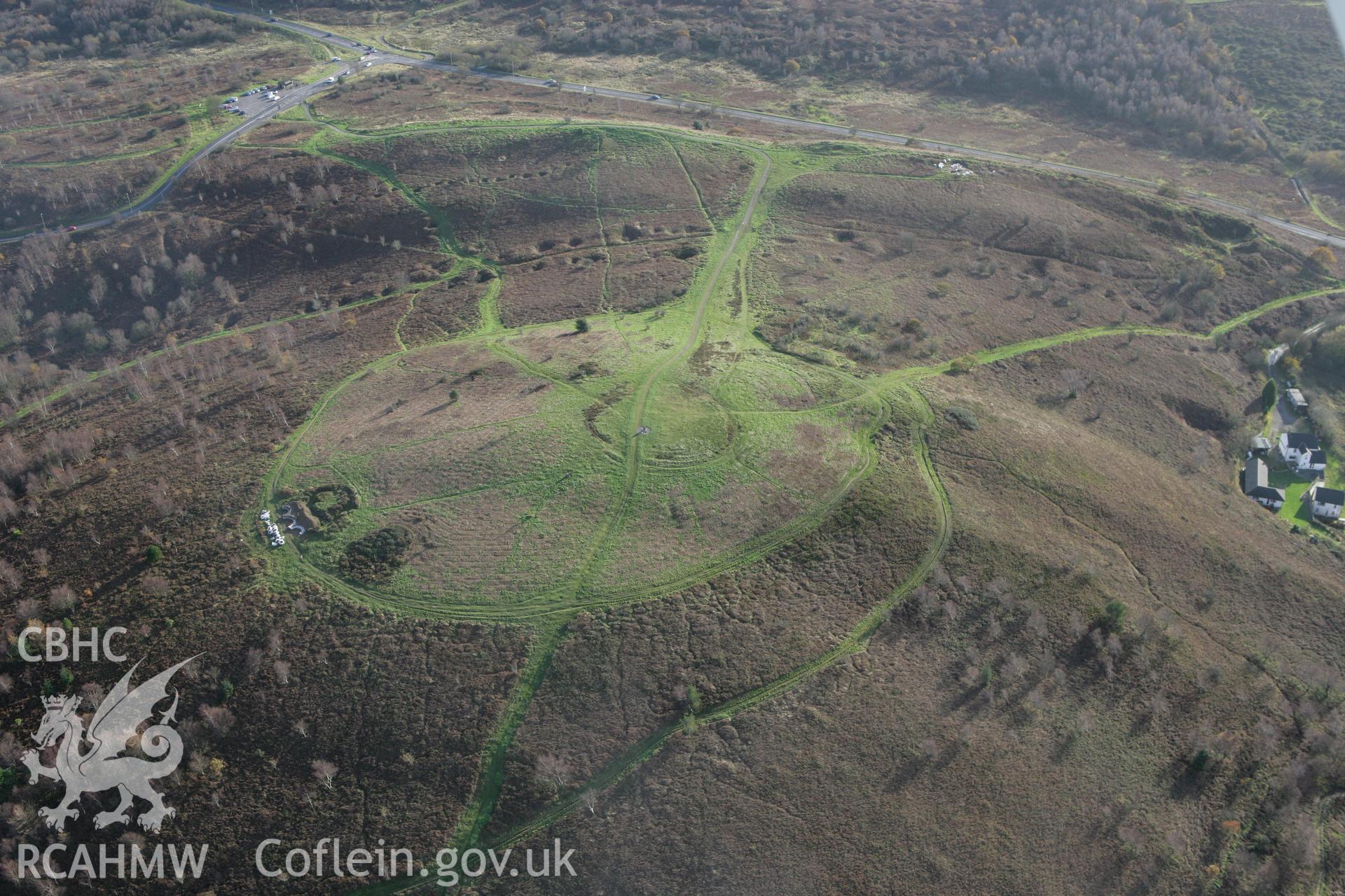 RCAHMW colour oblique photograph of Caerffili (Caerphilly) Mountain Shaft Mounds, Caerphilly Common. Taken by Toby Driver on 12/11/2008.