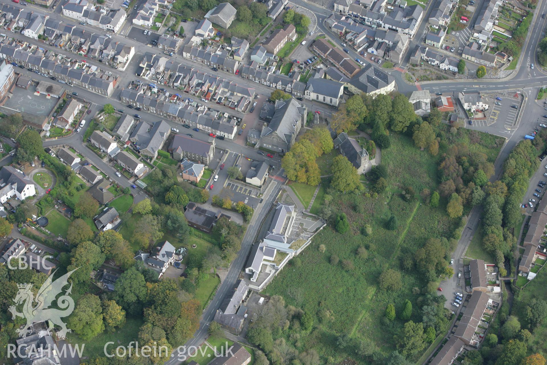 RCAHMW colour oblique photograph of St Peter's Church with the Blaenavon Workmens' Hall and Institute. Taken by Toby Driver on 10/10/2008.